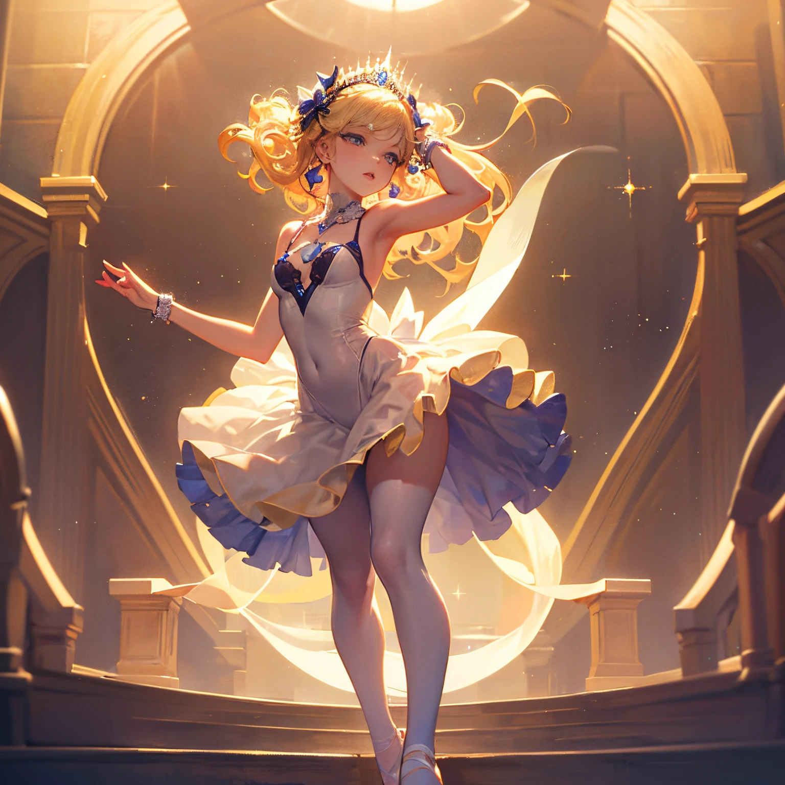 (best quality,ultra-detailed,photorealistic),1 girl,solo,pretty,light blonde hair,curly hair,seductive,attractive,ballet dancer,graceful pose,pointe shoes,elegant,graceful movement,spotlight,dramatic lighting,soft shadows,colorful tutu,sparkling tiara,expensive jewelry,ethereal background,airy atmosphere,vivid colors,dream-like,magical ambiance,professional photography style.