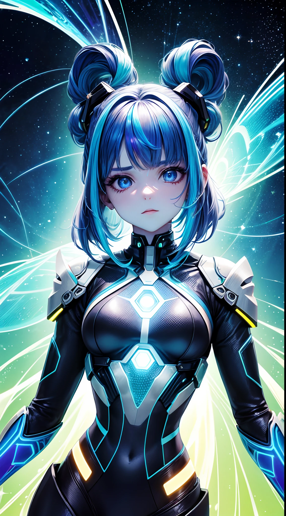 Mulher forte, sci-fi, cabelo futurista, olhar determinado, Holographic accessories, vestimenta high-tech, martelo futurista, aura poderosa, cosmic colors, efeitos de luz futuristas, Technological Fund.