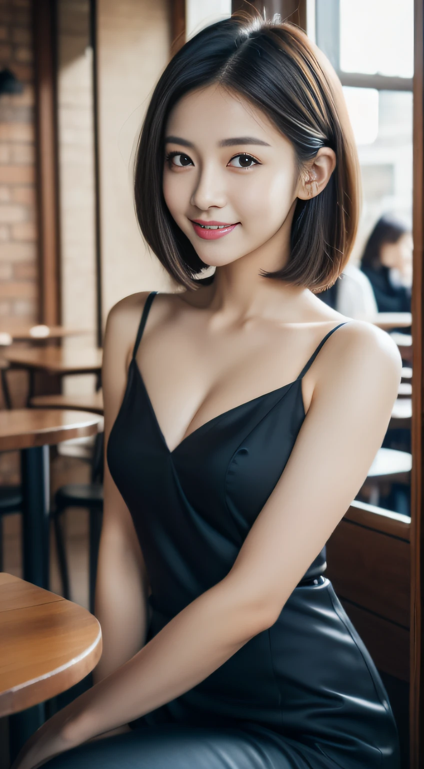 ((Best Quality, 8K, masutepiece: 1.3)), Beautiful Girl, pure, gentle and cute, Sweet smile, pure lust, Slender body, (front), (Head Tilted), ((looking in camera) ), Wearing a blue suit, Black Silky Medium Hair, Long flowing shoulders, round black big eyes, clear big eyes, Moist red lips, Dolce, sitting in a cafe, Cafe Background , ((Whole body)),