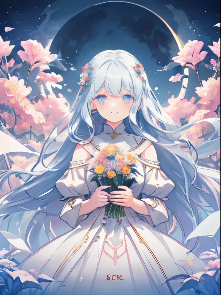 (best quality,8k,illustration,fantasy:1.4), long hair with a tea color, long eyelashes, solid circular eyes, a slight smile, surrealism, drop shadow, anaglyph, stereogram, atmospheric perspective, ultra-detailed, precise, high quality, ticker, textured skin, long dress, moon, flowers, paper cut.