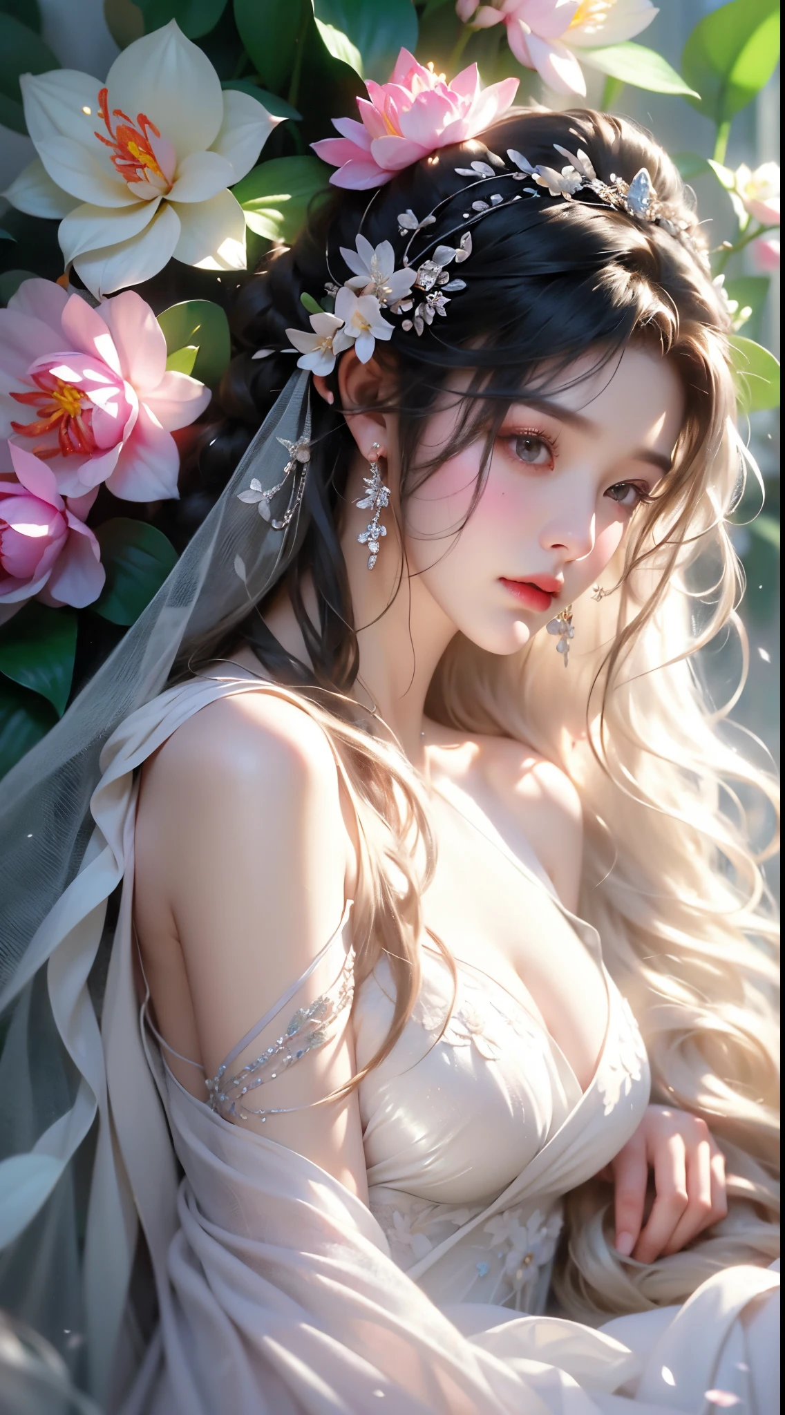 perspective、Ren Hao、Off-shoulder、One hand resting on his lips、頭髮周圍有白色Butterfly蘭,Lilac dendrobium、orange lily、White Lily、1 girl、Full body image、white hair、Flowing hair、Hazy Beauty、Very beautiful facial features、Black leather bustier dress、Hairpin on head、Lying on a bush of flowers、Dragging his chin with both hands、Perfect hands、Rosette、(spring、rain、Butterfly、cliff)、Simple vector art、Chinese Contemporary Art、Soft Light、intertwined scarves、look down