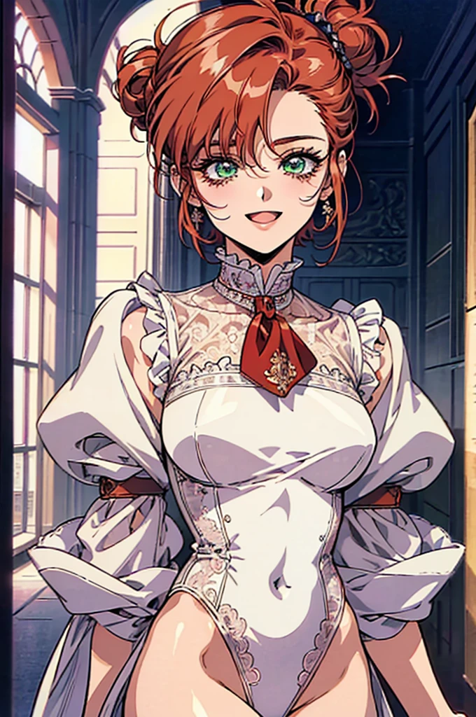 (masterpiece:1.1), best quality, NSFW,
1girl, (80s anime style:1.3), (eyelashes:1.5), (loli:1.2),
(intricate high detailed body:1.2),
red hair, (short hair, twin messy bun:1.1),
green eyes, (lip stick:1.1),
slender body, large breasts,
(happy, smile:1.2), open mouth,
neckwear, (white lace leotard with sleeves:1.1),
(short frill skirt:1.1), see-through clothes, jewelry,
(cowboy shot, looking at viewer, from front:1.1),
in royal palace