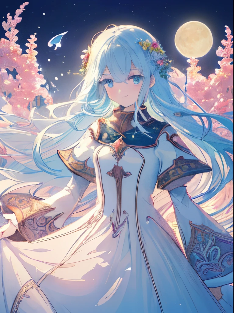 (best quality,8k,illustration,fantasy:1.4), long hair with a tea color, long eyelashes, solid circular eyes, a slight smile, surrealism, drop shadow, anaglyph, stereogram, atmospheric perspective, ultra-detailed, precise, high quality, ticker, textured skin, long dress, moon, flowers, paper cut.