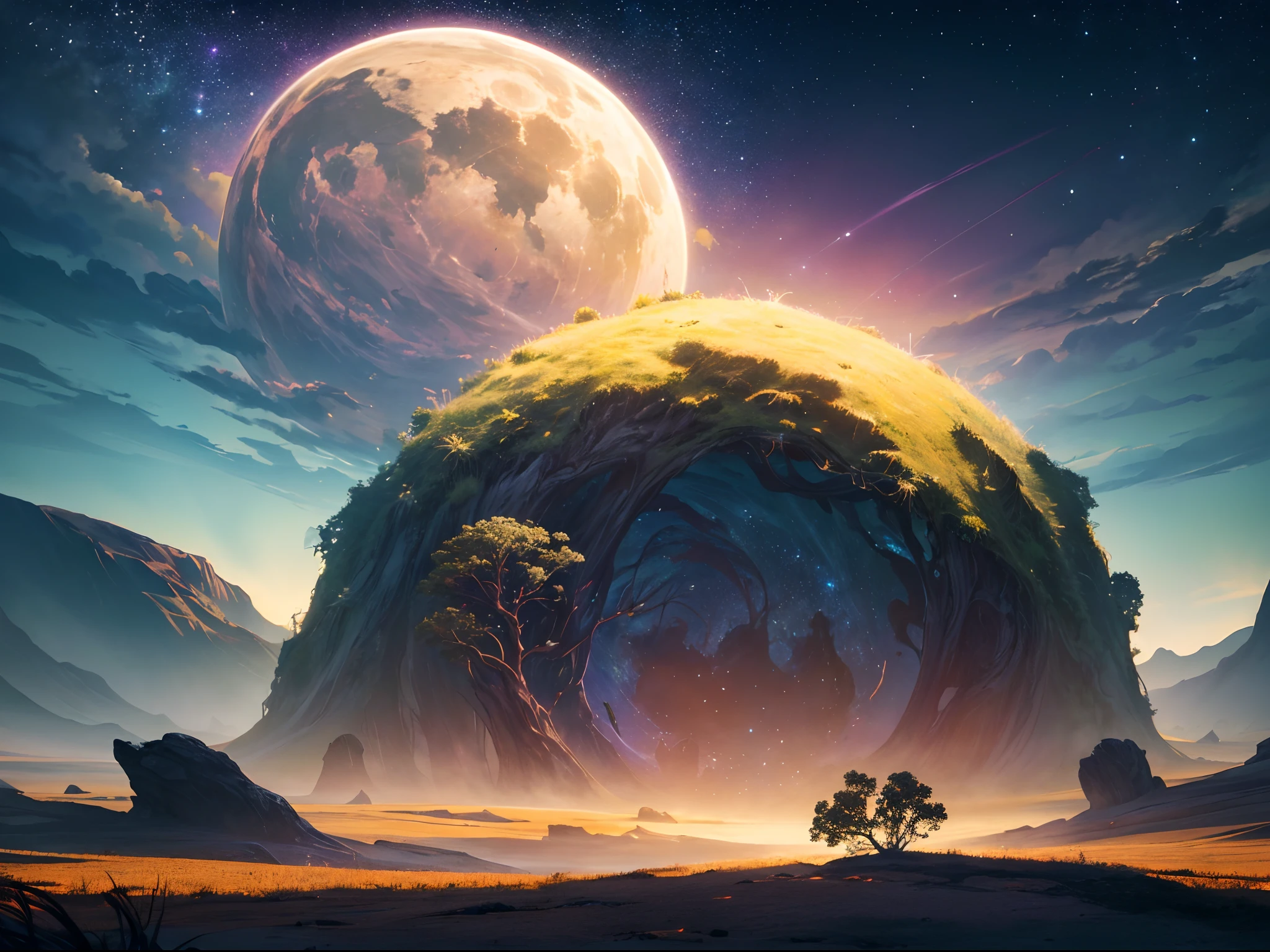 (highres:1.2),ultra-detailed,(realistic:1.37),UHD image,(otherworldly:1.1,alien:1.1) landscape at dusk, multiple moons in the sky, dazzling array of stars, vibrant exotic vegetation covering the ground, surreal atmosphere, ethereal lighting, mysterious shadows, dreamlike colors, incredible depth of field, atmospheric perspective, tranquility, serenity