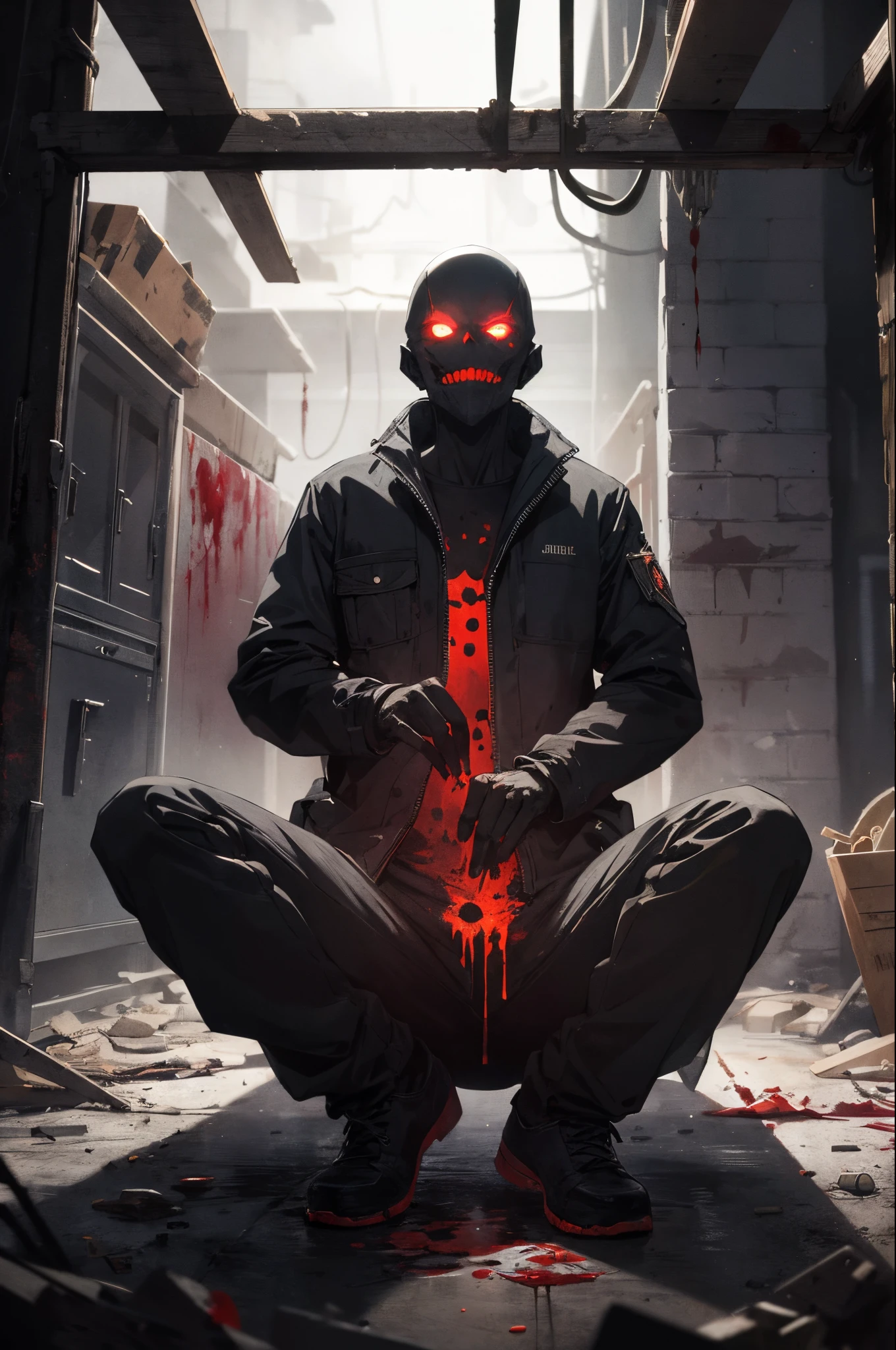 a dark figure sitting in the middle of a dimly lit, blood splattered cellar. The figure has red, glowing eyes and an evil smile as it points to the person viewing.