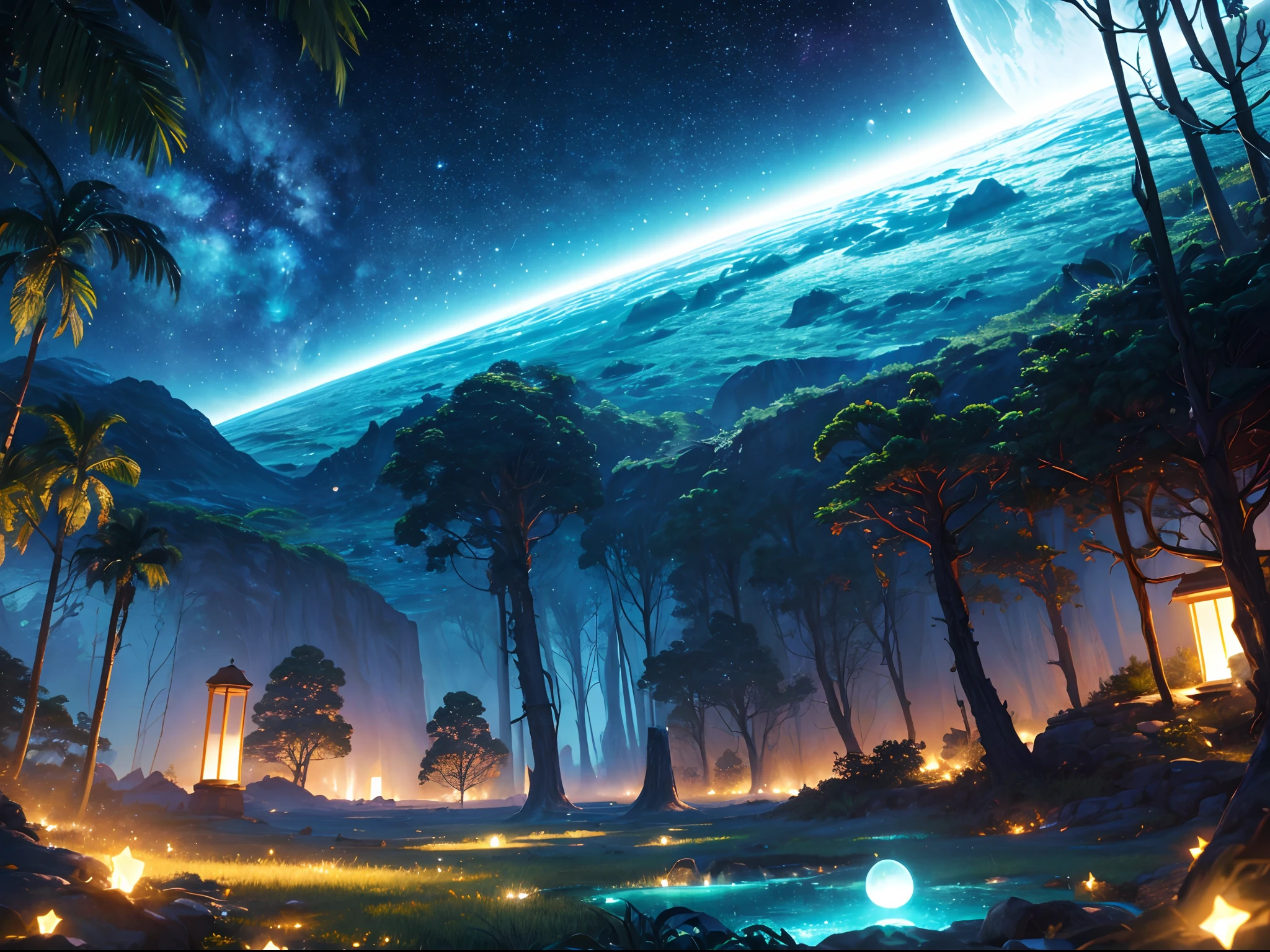 (highres:1.2),ultra-detailed,(realistic:1.37),UHD image,(otherworldly:1.1,alien:1.1) landscape at dusk, multiple moons in the sky, dazzling array of stars, vibrant exotic vegetation covering the ground, surreal atmosphere, ethereal lighting, mysterious shadows, dreamlike colors, incredible depth of field, atmospheric perspective, tranquility, serenity