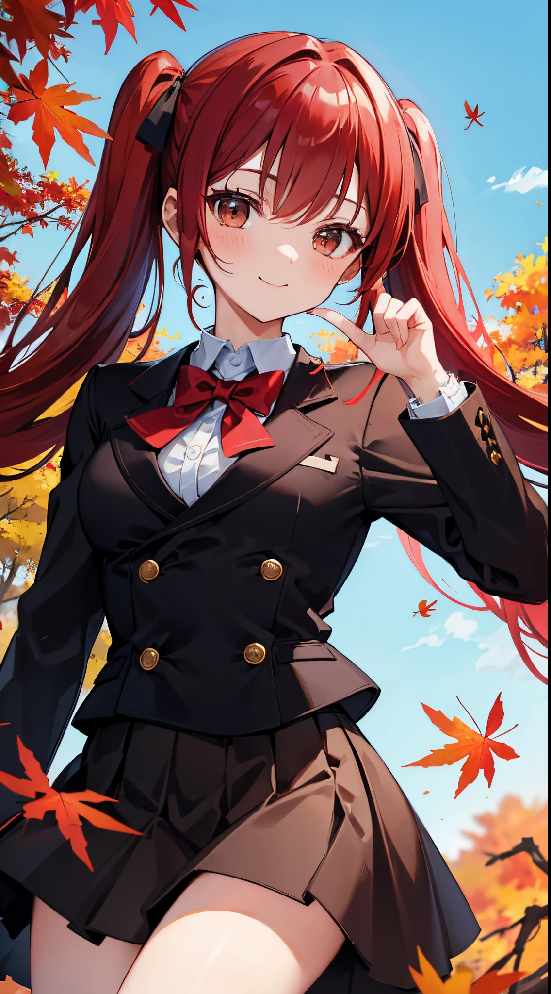 masterpiece,best quality,beautiful girl,red hair,twintails,long hair,black eyes,smile,brown tailored jacket,peplum skirt,long skirt,autumn leaves,blue sky