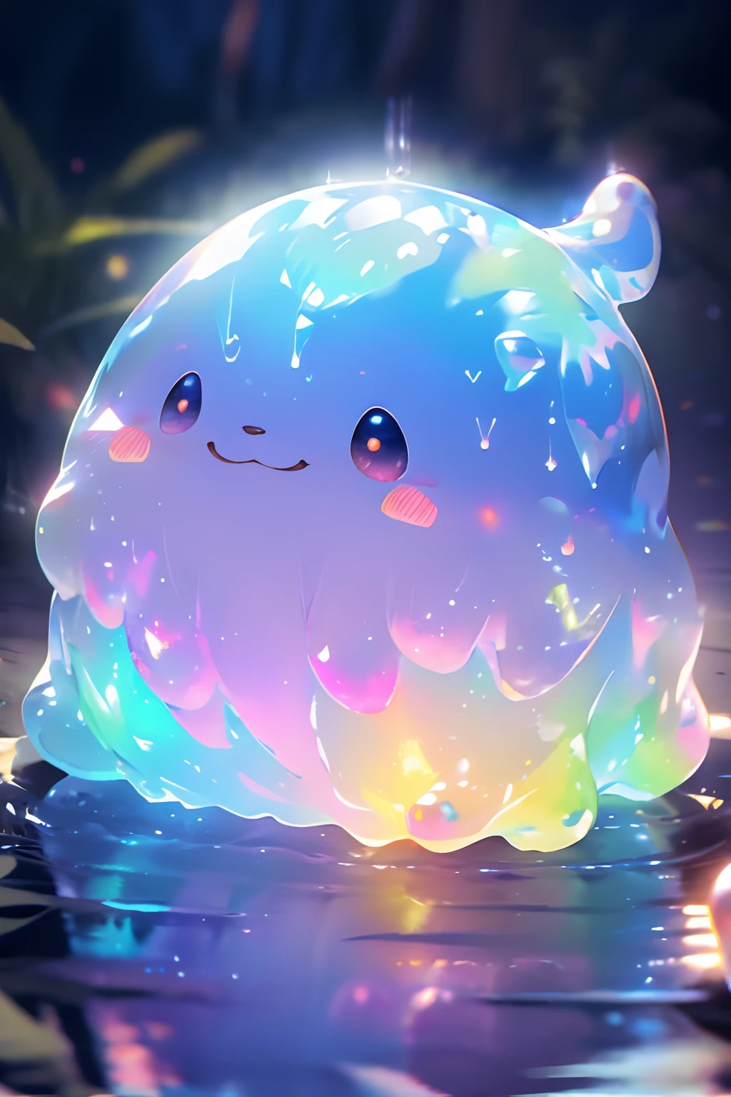 ( cute water slime, Colorful slime, shiny and、It&#39;s fluffy, Slime Texture, Transparent slime, glitter slime, Iridescent colors, Vivid iridescent colors, glitter and magic, soft and stretchy, Squeeze and elasticity, playfulness and fun, inside a transparent glass bottle, with floating slime bubbles) 

(Best Quality, Ultra-detailed, Realistic:1.37), Vibrant colors, Studio Lighting, Vivid colors, Bokeh