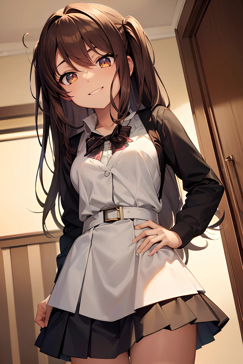 Suzumiya Haruhi, perfect eyes, expressive eyes, standing, (((devious smile))), looking viewer, black pleated dress, white-shirt, golden eyes, light brown hair, in view, hands behind back, teasing