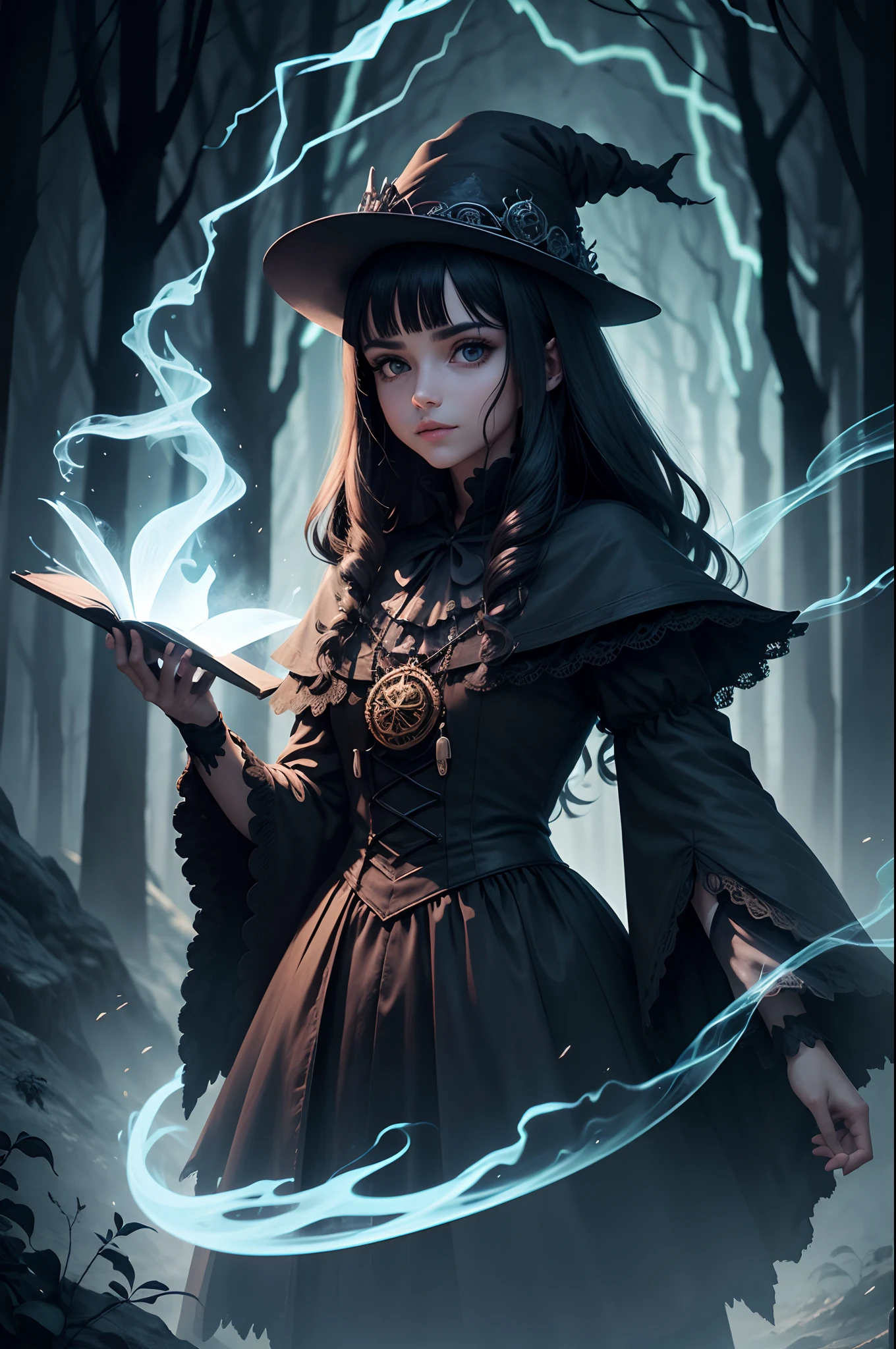 Villainous 12-year-old girl, long black hair, with magic in her hands