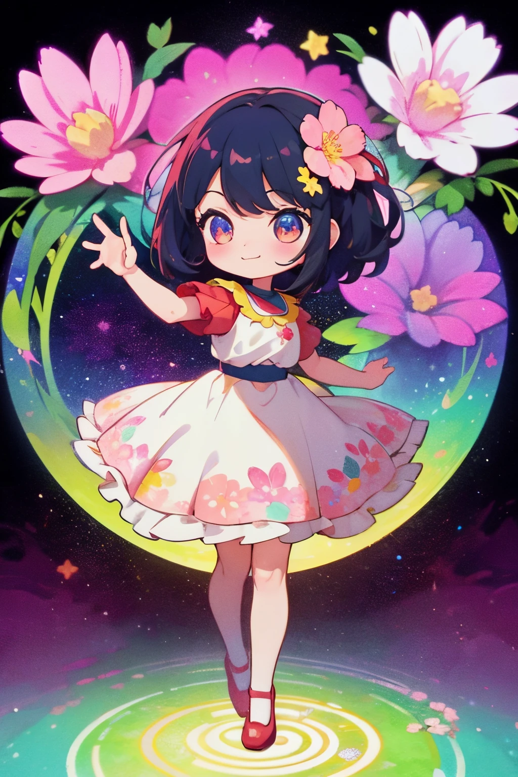 Extremely detailed,(Fractal Art:1.1),(Colorful:1.1)(Flowers:1.3)、 (Dynamic Pose), (Abstract background:1.3)、(Many colors:1.4)、Place one small doll on a circular stand、kawaii pose、A smile、A dark-haired、Chibi Doll、Stars in the eyes(kirakira)、Singing with microphone in hand、Eye Up、Laugh、Cute red shoes、Ultra Detail, radiant light、bio luminescent、Stronger bokeh effect