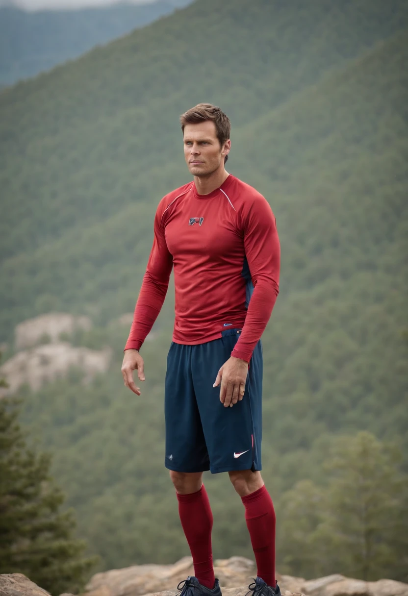The image is a close-up of Tom Brady in workout gear, meditating on top of a mountain peak.,New England Patriots,Tom Brady, the recently retired renowned American football quarterback, is known for his athletic build, standing tall with a lean, yet muscular physique honed from years of rigorous training and play. He often appears clean-cut, with short hair and a well-maintained appearance, reflecting his disciplined and focused nature.