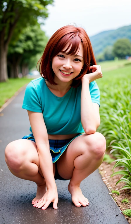 ((8K、32K、Raw photography、top-quality、masterpiece:1.3))、((realisitic、Photorealsitic:1.37))、ultra-detailliert、Photo of one person、beautiful mature lady、50 years old、Born in the 1970s、cute little、独奏、Light makeup、Keep your real face、((Under the sky with beautiful details:1.3))、((On the lawn:1))、((Spread your legs for your audience))、((Do not hide your crotch with both hands:1))、((thrust out one's hip))、((Posture as if straddling a Japanese-style toilet))、((Squats with legs spread in an M-shape:1.2))、((Sensational provocative pose:1.2))、Pink ash hair on the head、((Virgin female genitalia perfectly visible for your audience:1.3))、A small amount of redheaded pubic hair、((exposed breast:1))、((Breast size is B cup:1))、Happy bright smile、Beautiful teeth alignment、(blush of the nose)、((A smile:1.25))、seducting smile、profetional lighting、Illuminate the front of the subject、Sony A7R4、Zessie 50mm f1.8、Beautiful Detail Eye、((Thin tennis look on yellow-green fabric、pleatedskirt))、(short-hair:1.32)、(Floating hair:1.4)、