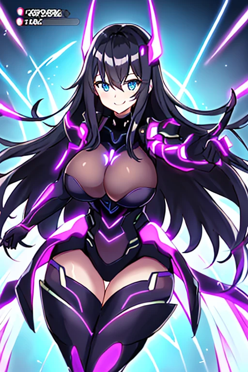 1girl, black hair, large breasts, breasts, thick thighs, wide hips, blue eyes, bodysuit, black bodysuit, long hair, light smile, happy, science-fiction, tech, futuristic, thighhighs, neon, machinery, hair ornament, ornament, neon trim, anime style, 2d, anime screencap, shoulder armor, purple neon trim, standing on one leg