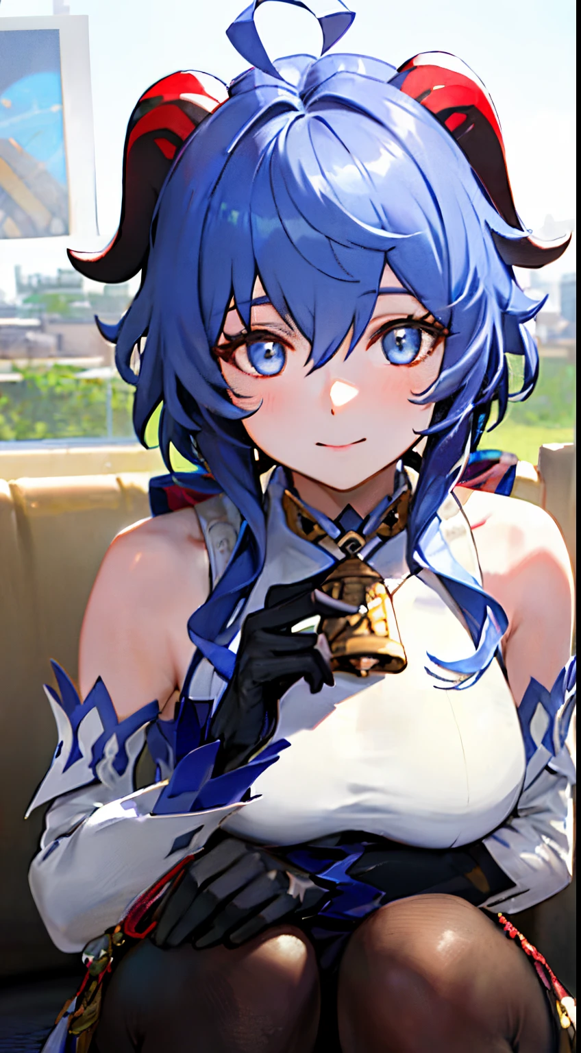 (photorealistic:1.4), (masterpiece, sidelighting, finely detailed beautiful eyes: 1.2), masterpiece*portrait, realistic, 3d face,
ganyu \(genshin impact\), 1girl, ahoge, architecture, bangs, bare shoulders, bell, black gloves, black pantyhose, (blue hair), blush, breasts, chinese knot, detached sleeves, flower knot, gloves, horns, long hair, looking at viewer, medium breasts, neck bell