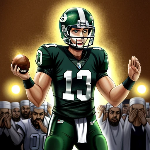 Quarterback of the New York Jets converting to islam and praying in a mosque while wearing the New York Jets uniform, cinematic, high contrast, uplighting