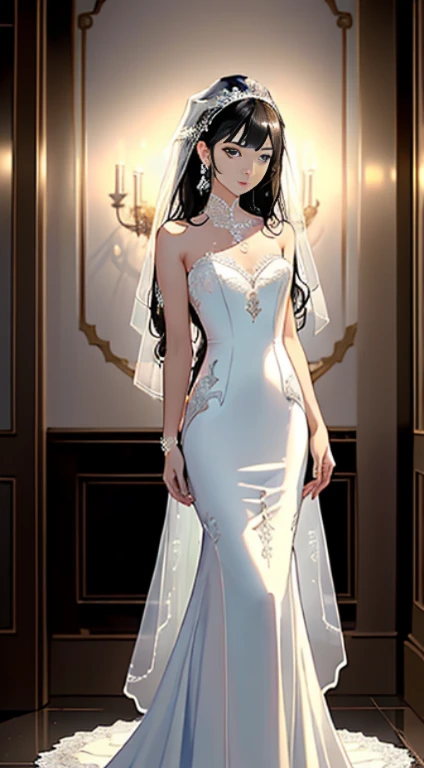 ((masterpiece、top-quality、hight resolution、))、delicate detail、intricate detailes、The best lighting、Beautuful Women、cute little、solo women、Beautiful black hair、((White luxury wedding dresses))、(((Full body like)))、((Standing posture))、Flower bouquet、wedding hall、(detailed splash)、8k wallpaper、((ultra-detailliert))、 ((extremely delicate and beautiful))、((Cinematic Light))、softlight、