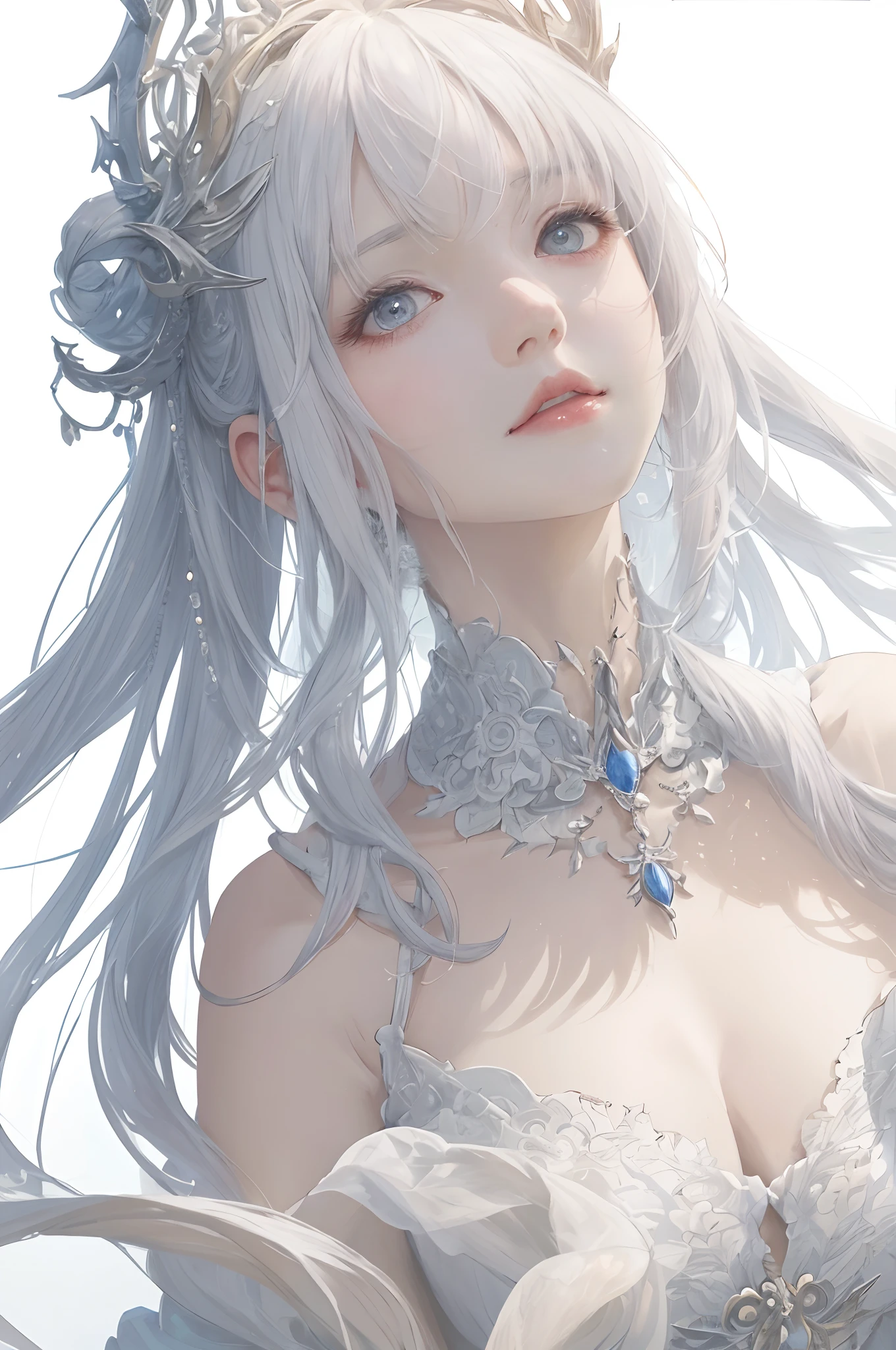 Best AI Image Generation Creator、1 beautiful girl、large round eyes、Solo、Realistic,Lips,masutepiece,Best Quality,Good anatomy，Skin Texture、White background、Smaller chest、white  hair、robe blanche、Fantasy Art Style, palatial palace 、 Azure. detailed hairs, beautiful fantasy art portrait, 4K highly detailed digital art, a beautiful fantasy empress, artwork in the style of guweiz, ((a beautiful fantasy empress)), 8k high quality detailed art, Beautiful Anime Portrait