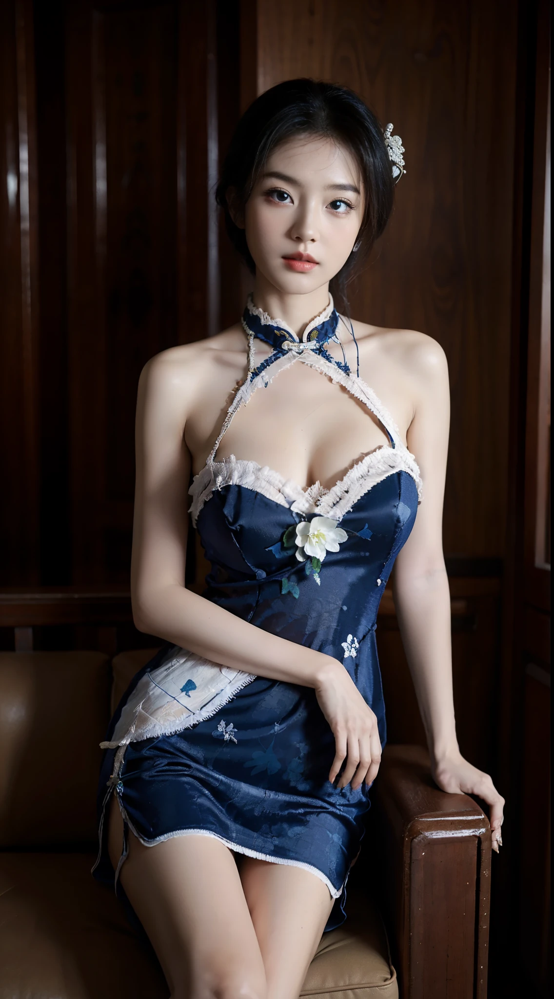 primitive,tmasterpiece,ultra fine photos,Best quality at best,超高分辨率,Photo Reality,rays of sunshine,full-body portraits,stunningly beautiful,,dynamicposes,delicated face,vibrant eyes,(seen from the side),((Exquisite_blue colors_On the cheongsam)),On the cheongsam,cropped shoulders,Exquisite head flower,sitting on a leather sofa,very highly detailed background,详细的脸,Detailed and complex busy background,untidy,abundant cleavage,Milky white W,highlydetailed skin,Authentic skin details,Visible Pore,lock focus,volume fog,8k ultra high definition,digital SLR camera,high high quality,filmgrain,White skin of the,photo-realism,DL,A metropolis in a dystopia of the future , Look from the bottom up, semi transparent