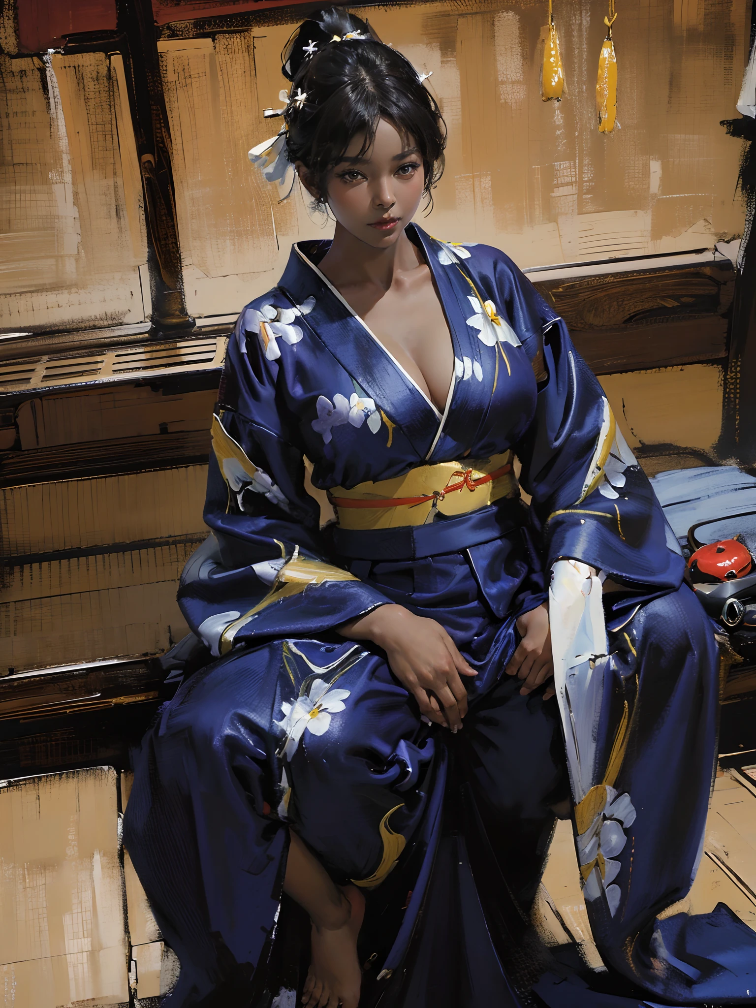 There is a woman squatting on the tatami,(((A MILF: 1.4))), (Beautiful curves:1.35),(((Dark skin))),Bending posture,, ((bigger )),((Lose weight completely )), (((Pinching the crotch while wearing a yukata))),((take off your bathrobe)),((pubes)), Sam rice cereal, Japanese beautiful wife and son,model in Japan，Close-up of chest，Raised on back on bed,Charming and sexy legs，((Sexual suggestiveness)),,(Fechin Oil Painting - Fechin Oil Painting , oil painted), 00