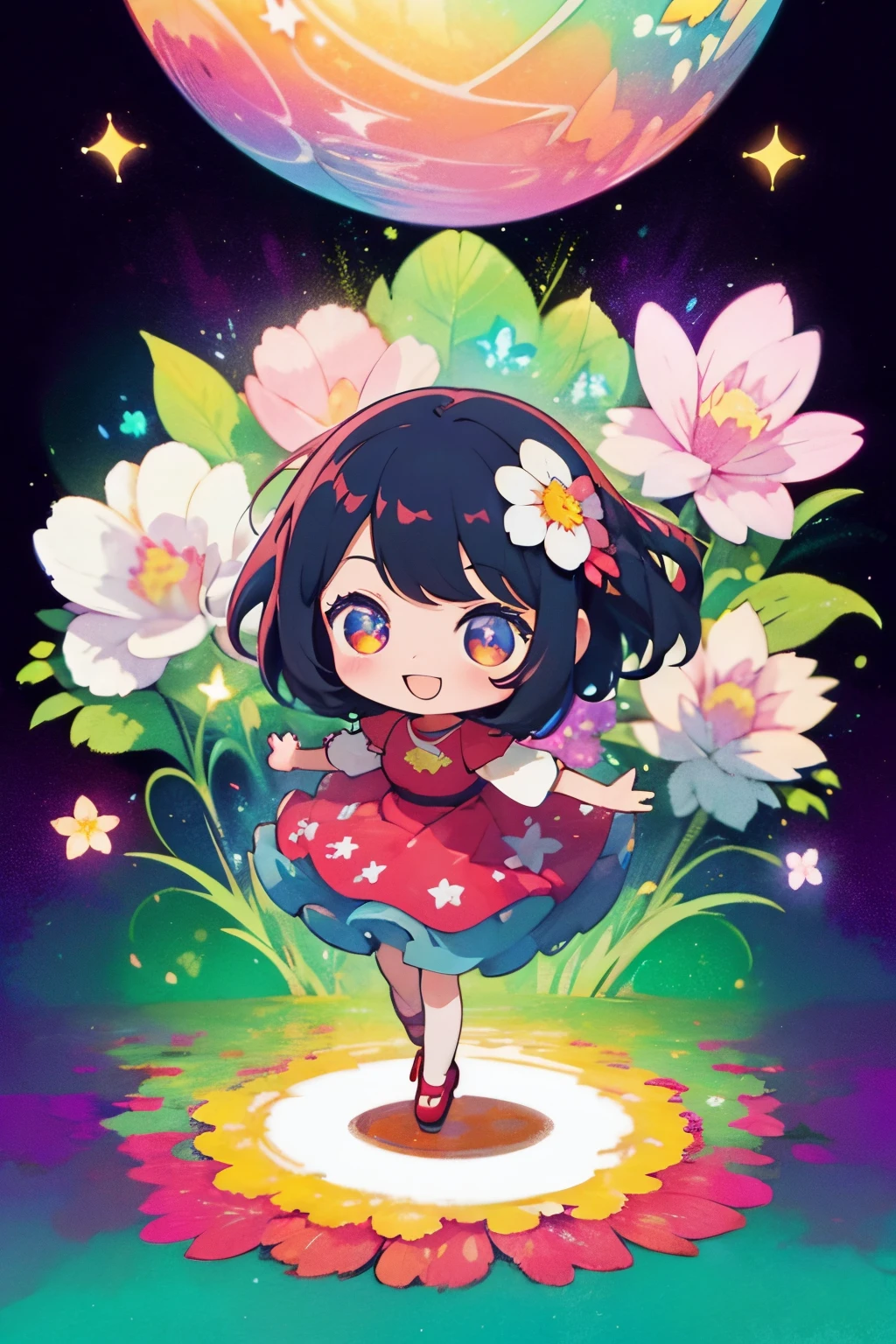 Extremely detailed,(Fractal Art:1.1),(Colorful:1.1)(Flowers:1.3)、 (Dynamic Pose), (Abstract background:1.3)、(Many colors:1.4)、Place one small doll on a circular stand、kawaii pose、A smile、A dark-haired、Chibi Doll、Stars in the eyes（kirakira）、Singing with microphone in hand、Eye Up、Laugh、Cute red shoes、Ultra Detail, radiant light、bio luminescent、Stronger bokeh effect