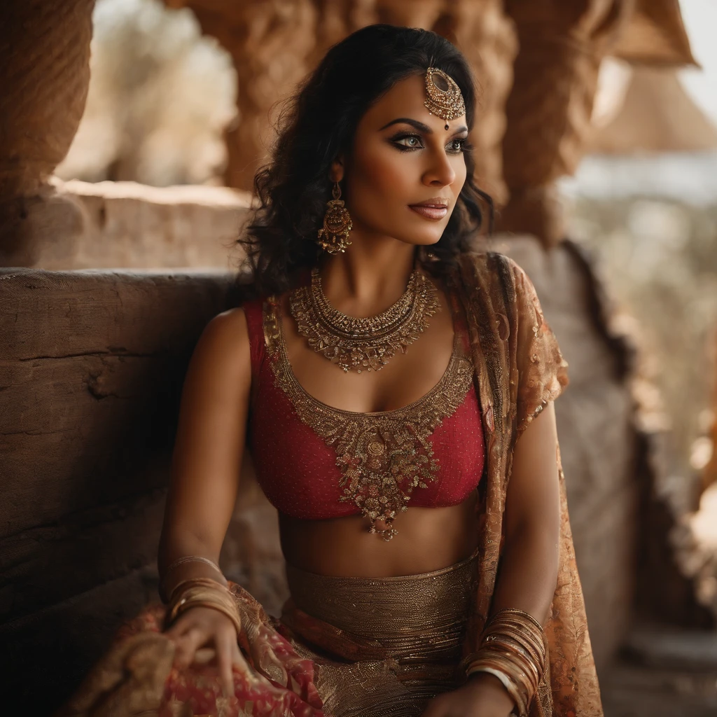 full body (masterpiece: 1.2), (best quality: 1.2), breasts in large evidence, perfect eyes, perfect face, perfect lighting, photo shoot, 1girl, mature female wearing SSAHC, SSAHC, dark skinned, colorful tribal dress, headdress, thick eyelashes, makeup, eyeshadow, medium hair, oasis, desert with pyramids detailed outdoor background
