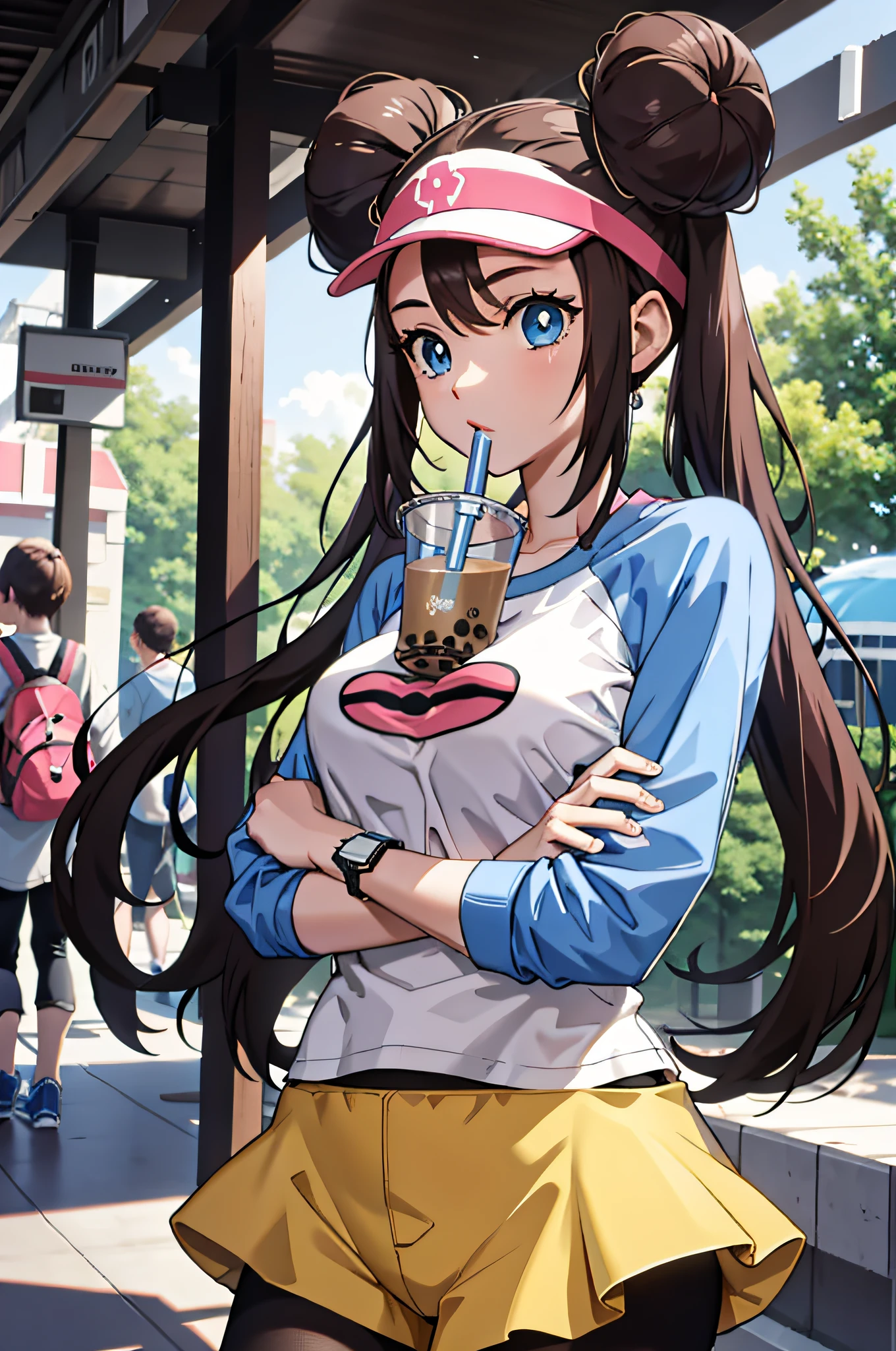 perfect eyes:1.2, detailed eyes:1.4, ro1, hair bun, bubble tea challenge, drinking straw, crossed arms, blue eyes, twintails, visor cap, pantyhose, raglan sleeves, yellow shorts, shirt, pink bow, wristwatch, 1girl, solo, (masterpiece:1.6, best quality), 8k, insane details, intricate details, hyperdetailed, hyper quality, high detail, ultra detailed, professional, HDR, ray tracing reflection, cinematic lighting,