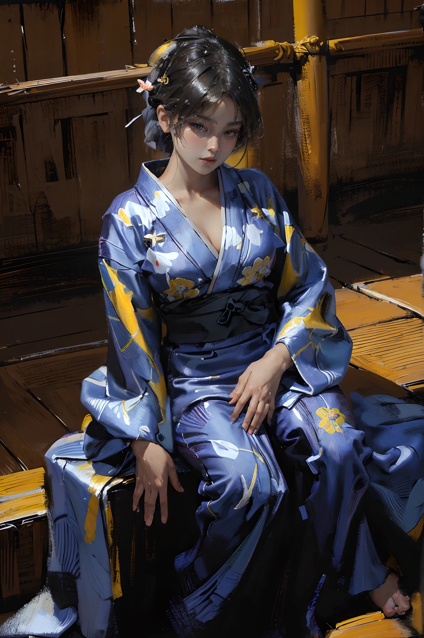 There is a woman squatting on the tatami,(((A MILF: 1.4))), (Beautiful curves:1.35),(((Dark skin))),Curvy physique,, Thick body，((The large )),((Lose weight completely )), (((Pinching the crotch while wearing a yukata))),((take off your bathrobe)),((pubes)), Sam rice cereal, model in Japan，((Sexual suggestiveness)),,(Fechin Oil Painting - Fechin Oil Painting , oil painted), 00