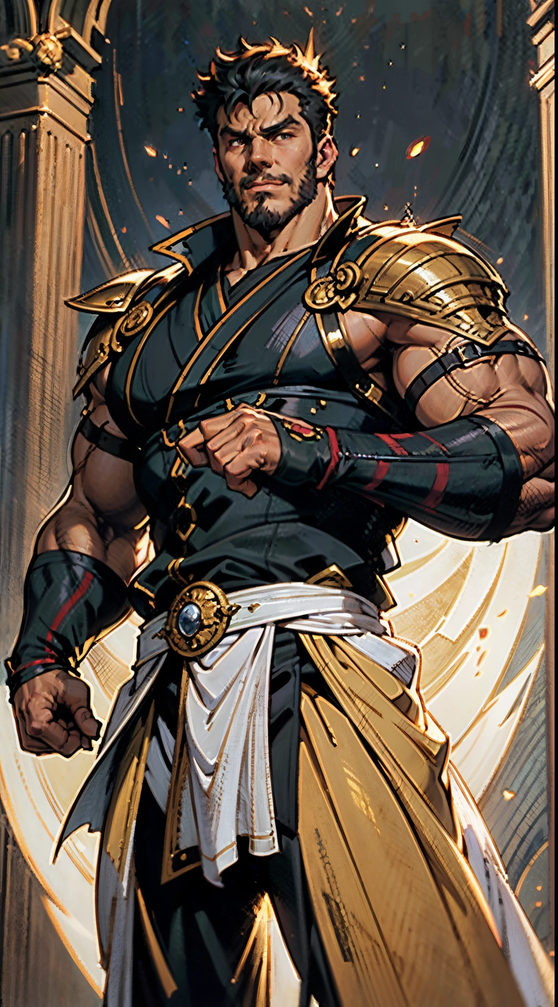 A young man, dense black-gold long hair, standing tall with upright hair, a majestic countenance, confident gaze, a scar under the eyes, a hearty smile, a fantasy-realistic tattered half-length martial arts outfit, short-sleeved, open-front robe revealing muscular physique, a coarse cloth belt around his waist, coarse trousers, towering and robust figure, he stands proudly, a glowing dark purple energy aura, the background depicts a black-and-white sky forming a yin-yang symbol, this character embodies a finely crafted fantasy-realistic martial artist in anime style, characterized by an exquisite and mature manga illustration art style, high definition, best quality, highres, ultra-detailed, ultra-fine painting, extremely delicate, professional, anatomically correct, symmetrical face, extremely detailed eyes and face, high quality eyes, creativity, RAW photo, UHD, 8k, Natural light, cinematic lighting, masterpiece-anatomy-perfect, masterpiece:1.5