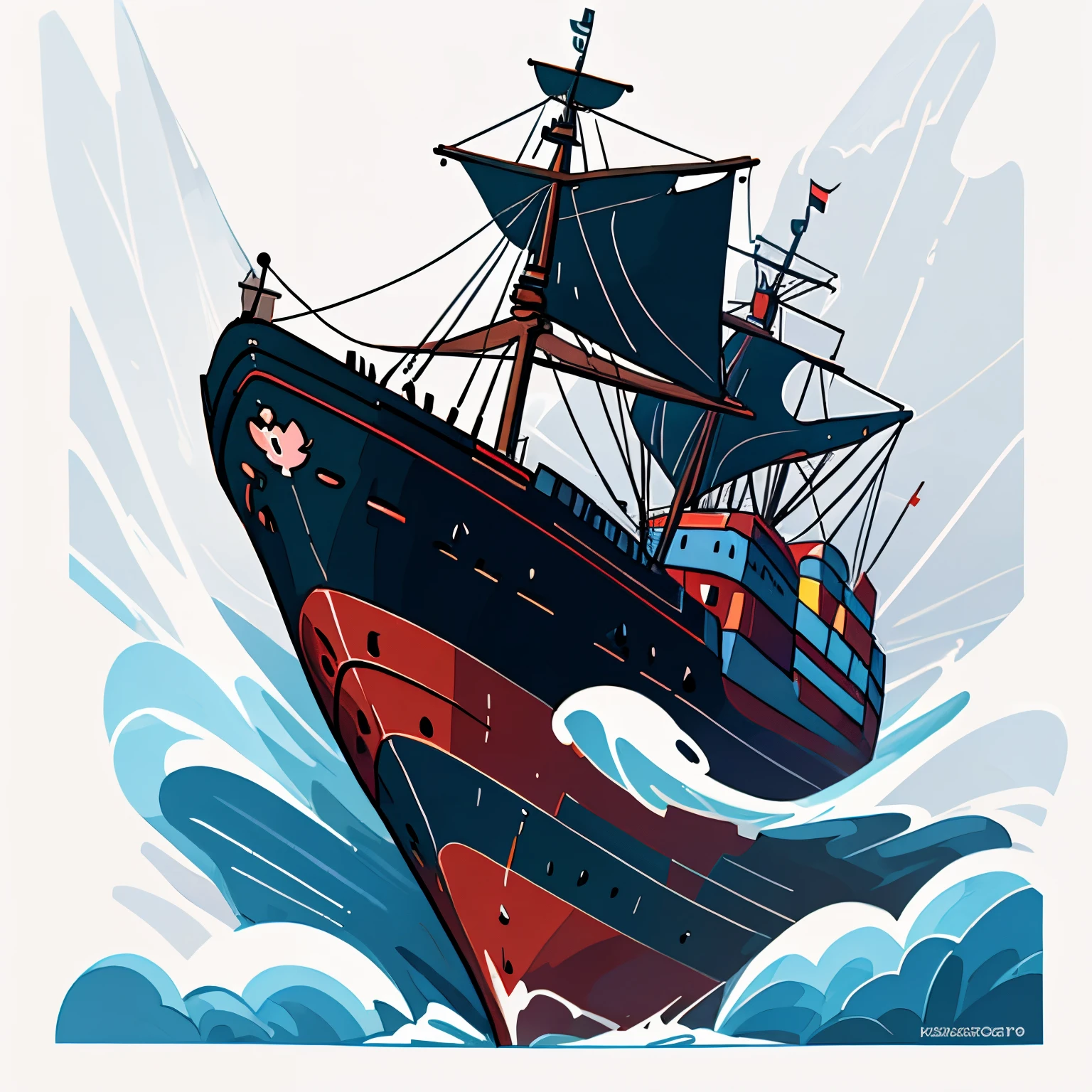 Ship in storm, business logo, illustration, stylised, white background