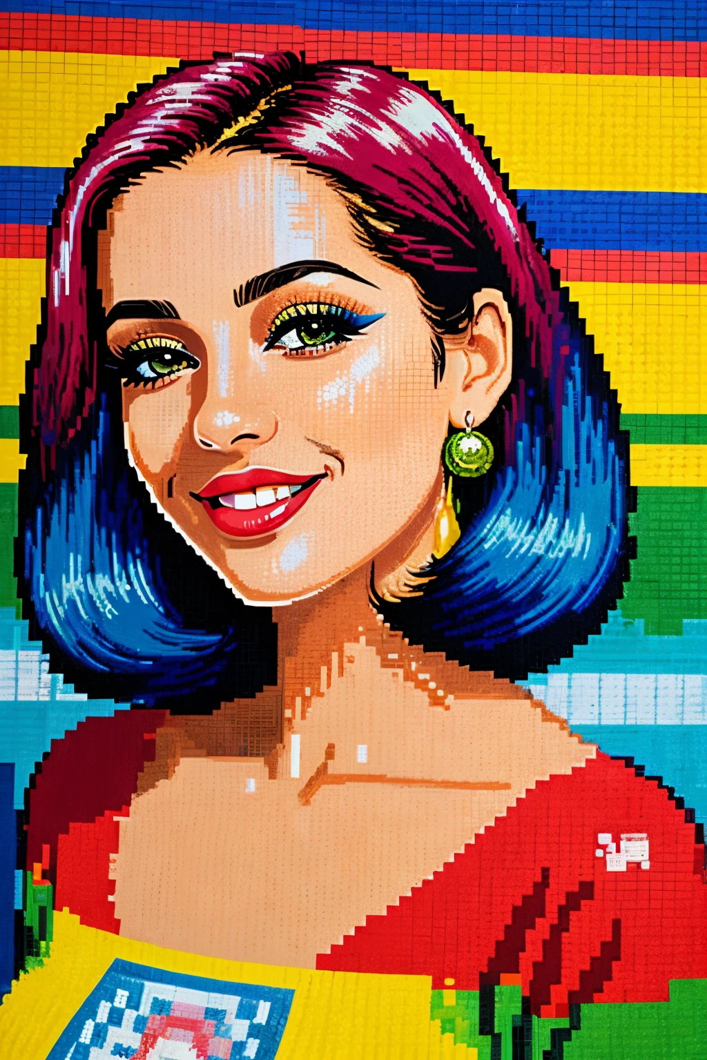 Beautiful woman,olhos detalhados,Detailed lips,sorriso bonito,Cabelos Longos,roupa elegante,camiseta branca,blue jeans,Jardineiras de ganga,pixel art printing,cores brilhantes,tons vibrantes,Retro style,Vibes vintage,Artistic background,urban backdrop,muro de grafite,Cityscape,parede de tijolos pintados,luz solar,luz natural suave,relaxed pose,confident expression,fashionable,Estilo moderno,olhar criativo