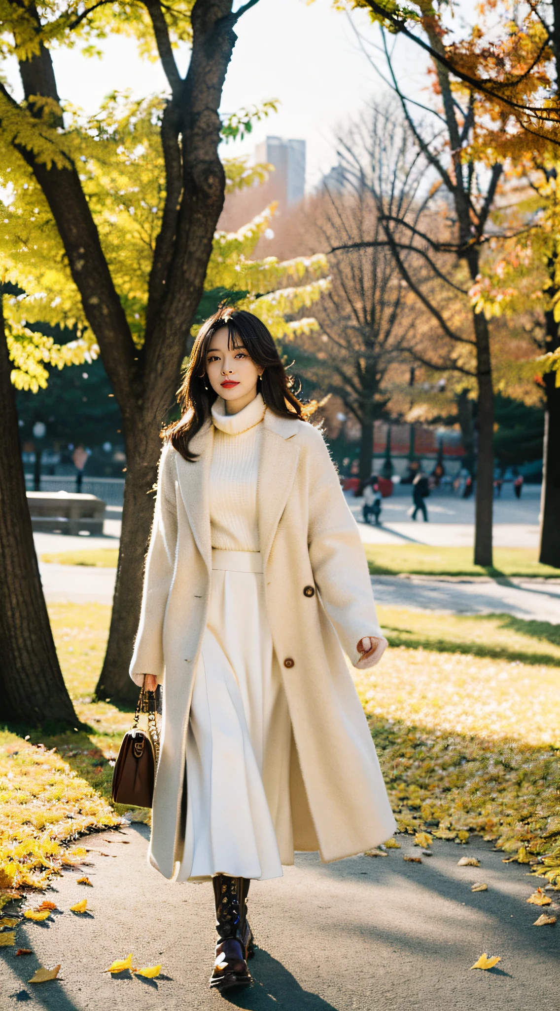 Best quality,tmasterpiece,超高分辨率,(realness:1.4),RAW photos,Cinematic texture,1 beutiful girl,White coat,White knitted long skirt underneath,Brown boots,Shawl hair,with long coiled hair,Delicatemakeup,walking at the park,There are yellow maple leaves in the park,Enjoy the scenery,Good mood