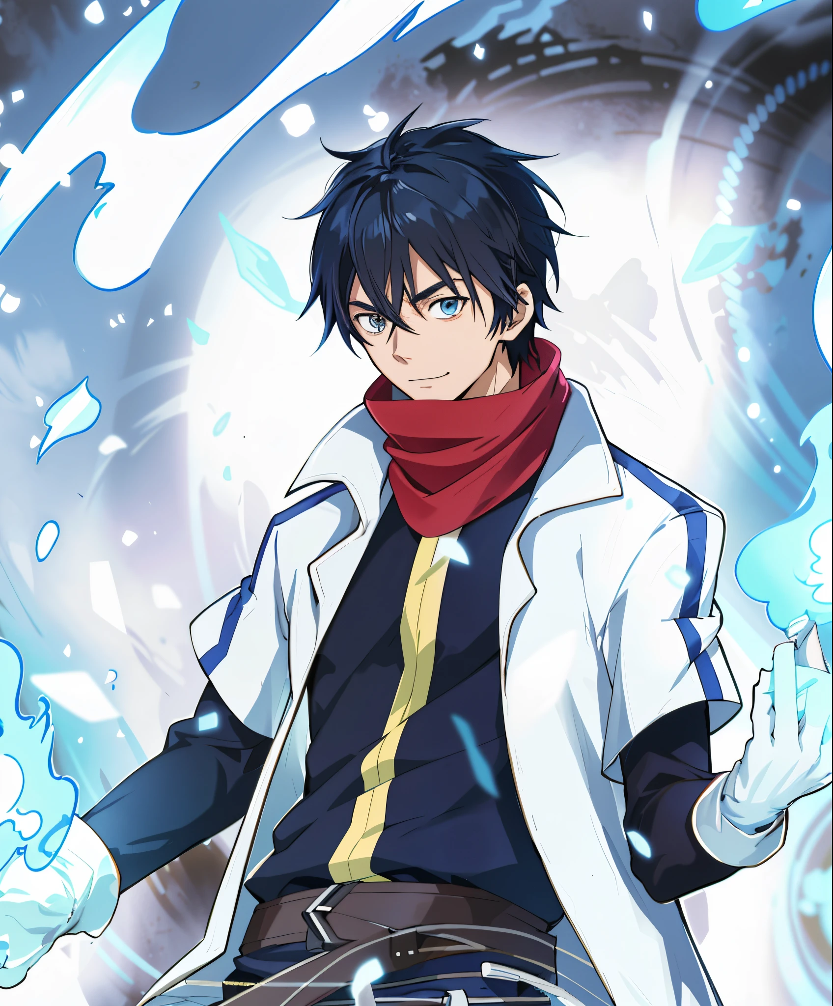personagem de anime com olhos azuis e cabelo preto vestindo uma jaqueta branca, cara de anime alto com olhos azuis, Okata Kazuto., inspirado em Okumura Masanobu, arte chave do anime, Ike Nobutaka, homem bonito anime, pose de anime bonito, personagem de anime masculino, shigenori soejima illustration, inspirado em Tomioka Tessai, jovem homem de anime, garoto com rosto bonzinho, sorrindo, ((garoto sorrindo)) rosto ingenuo, garoto bobo, olhos detalhados, cilios grandes, fogo azul, chamas azuis, poder em sua volta