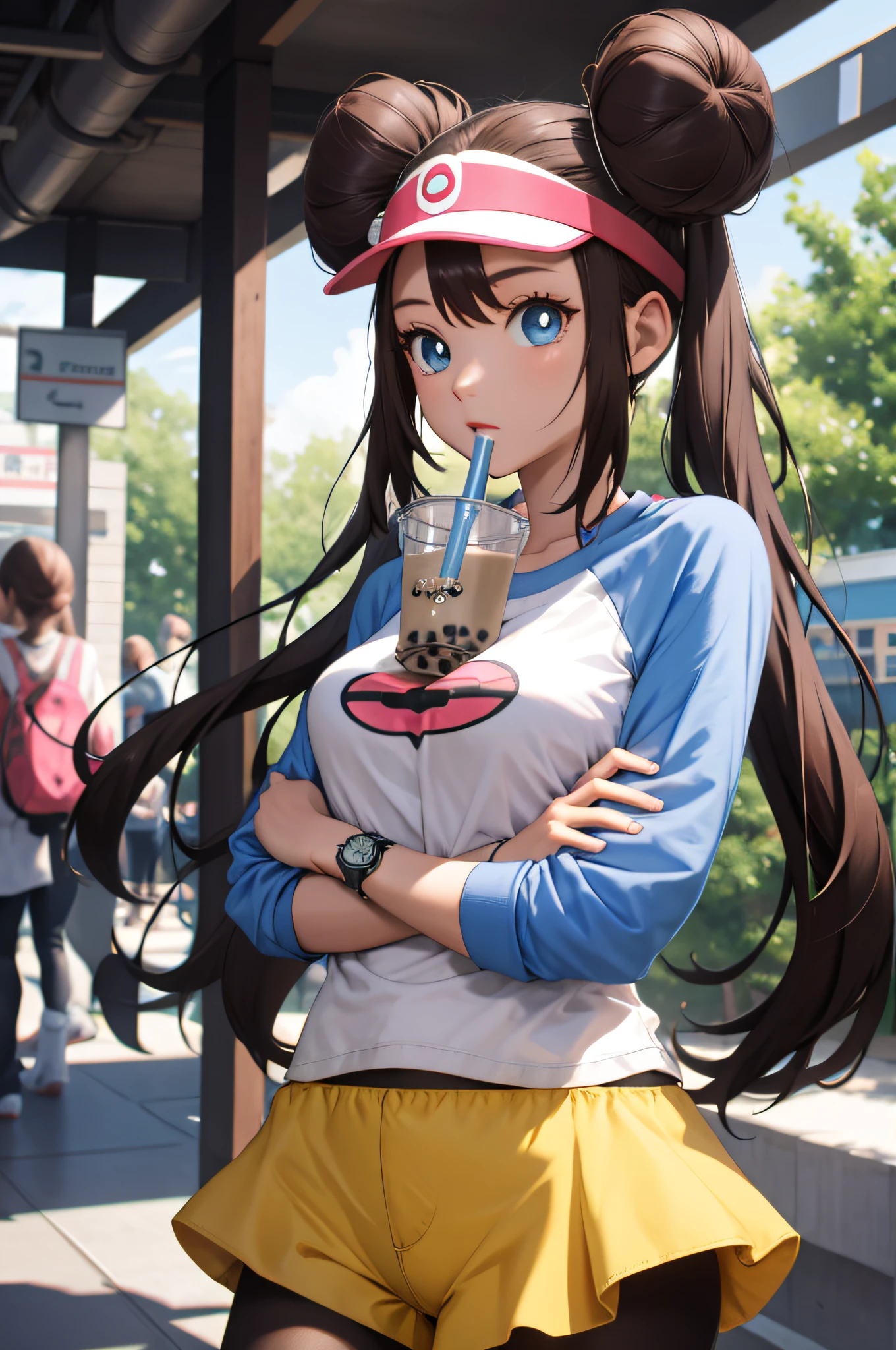 perfect eyes:1.2, detailed eyes:1.4, ro1, hair bun, bubble tea challenge, drinking straw, crossed arms, blue eyes, twintails, visor cap, pantyhose, raglan sleeves, yellow shorts, shirt, pink bow, wristwatch, 1girl, solo, (masterpiece:1.6, best quality), 8k, insane details, intricate details, hyperdetailed, hyper quality, high detail, ultra detailed, professional, HDR, ray tracing reflection, cinematic lighting,