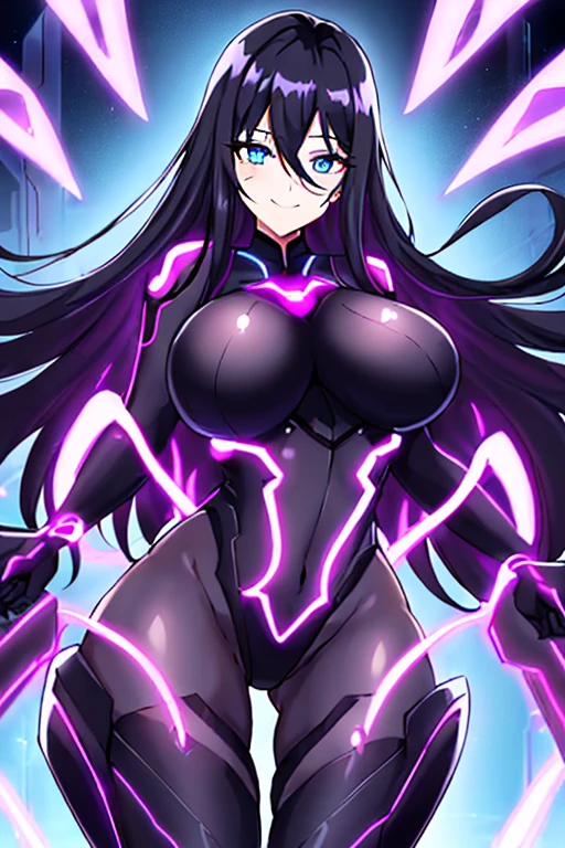 1girl, black hair, large breasts, breasts, thick thighs, wide hips, blue eyes, bodysuit, black bodysuit, long hair, light smile, happy, science-fiction, tech, futuristic, thighhighs, purple clothes, machinery, neon trim, anime style, 2d, anime screencap, purple neon trim, standing on one leg