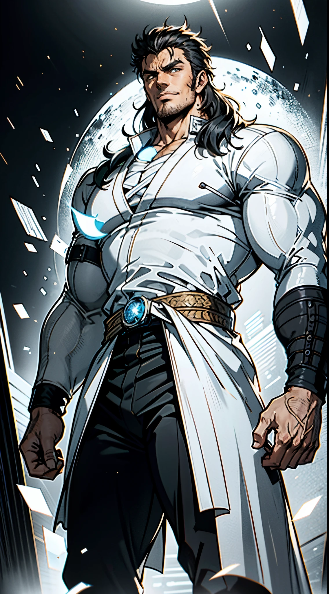 A young man, dense black-gold long hair, standing tall with upright hair, a majestic countenance, confident gaze, a scar under the eyes, a hearty smile, a fantasy-realistic tattered half-length martial arts outfit, short-sleeved, open-front robe revealing muscular physique, a coarse cloth belt around his waist, coarse trousers, towering and robust figure, he stands proudly, a glowing dark purple energy aura, the background depicts a black-and-white sky forming a yin-yang symbol, this character embodies a finely crafted fantasy-realistic martial artist in anime style, characterized by an exquisite and mature manga illustration art style, high definition, best quality, highres, ultra-detailed, ultra-fine painting, extremely delicate, professional, anatomically correct, symmetrical face, extremely detailed eyes and face, high quality eyes, creativity, RAW photo, UHD, 8k, Natural light, cinematic lighting, masterpiece-anatomy-perfect, masterpiece:1.5