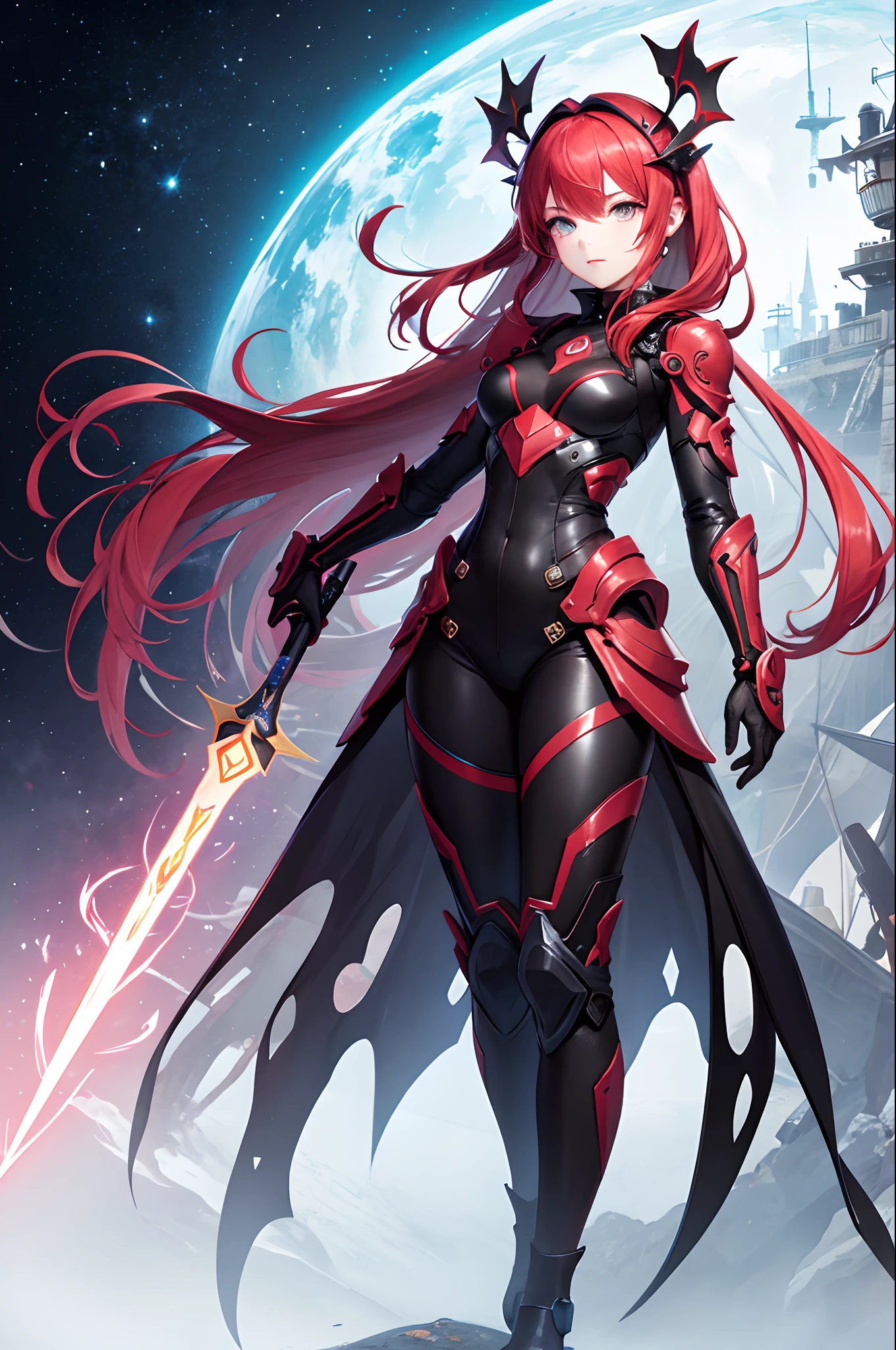 top-quality、Top image quality、masterpiece、超A high resolution、Android Beautiful Girl、sixteen years old, red glowing cyber suit, Red energy source on the chest、Blue shiny hair、The long-haired,Red eyes、A slender、The face is depicted in detail、Eyes are drawn in detail、Clothes are depicted in detail、hiquality、Beautiful Art、Fantastic Universe、Elaborate design、soio、knights、animesque、illustratio、Full body front