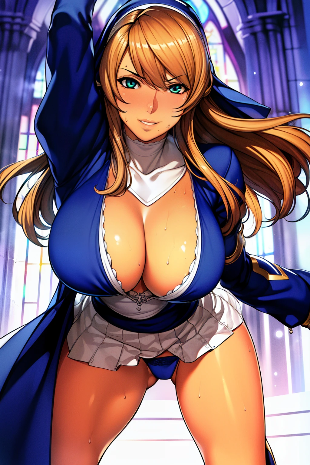 20yo,1girl,large breast.(blue suit,ultra miniskirt:1.2), gorgeous bra,micro panties,(happy smile:1.2), (sweaty:1.2), grabbing breasts,brown hair,Bangs,green eyes,Beautiful Finger,Beautiful long legs,Beautiful body,Beautiful character design, perfect eyes, perfect face,expressive eyes,perfect balance, looking at viewer, (innocent_big_eyes:1.0),extremely detailed CG unity 8k wallpaper, perfect lighting,Colorful, Bright_Front_face_Lighting,shiny skin, masterpiece,best quality, ultra high res,4K,ultra-detailed, photography, 8K, HDR, highres, absurdres:1.2, Kodak portra 400, film grain, lens flare, (vibrant_color:1.2),professional photograph,(church),dynamic pose,from below,cameltoe,squat
