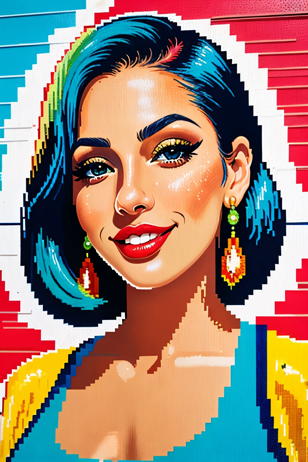 Beautiful woman,olhos detalhados,Detailed lips,sorriso bonito,Cabelos Longos,roupa elegante,camiseta branca,blue jeans,Jardineiras de ganga,pixel art printing,cores brilhantes,tons vibrantes,Retro style,Vibes vintage,Artistic background,urban backdrop,muro de grafite,Cityscape,parede de tijolos pintados,luz solar,luz natural suave,relaxed pose,confident expression,fashionable,Estilo moderno,olhar criativo