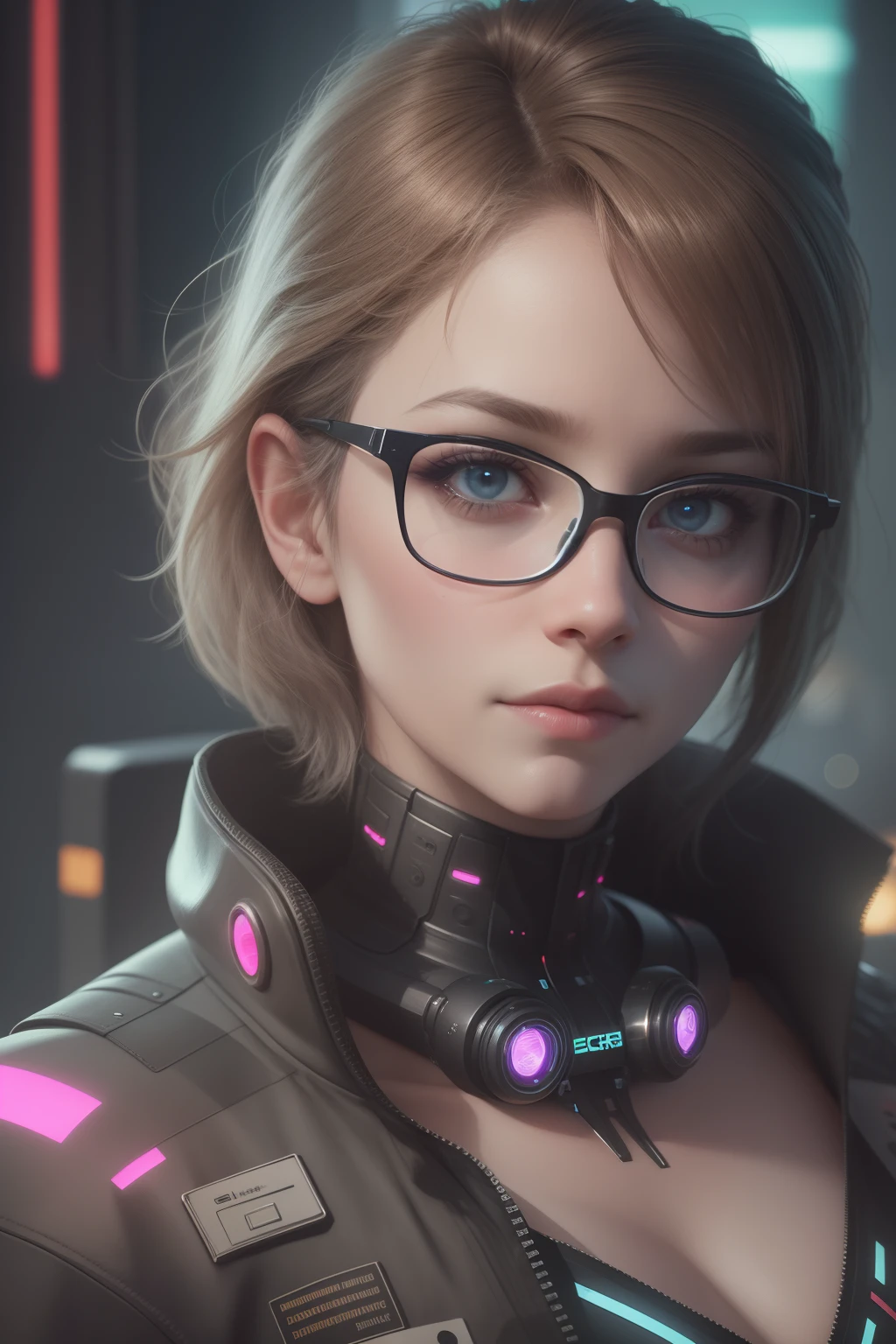 Fictional portrait of a sci-fi cyberpunk girl. Looking at the camera. Eyeglasses. High-tech futuristic woman from the future. The concept of virtual reality and cyberpunk. 3D realistic render.  16:9. 4k. dark backgroung, neon lights. --auto --s2