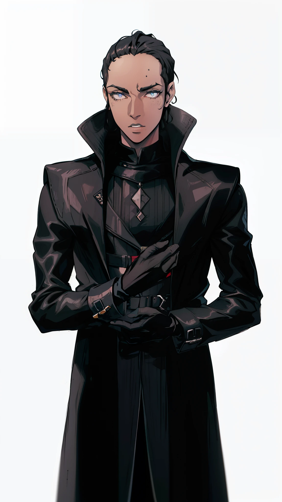 Jovem, pele morena, black hair tied back, sobretudo negro, adjusting black gloves on hands, vestido de negro, olhos amarelos