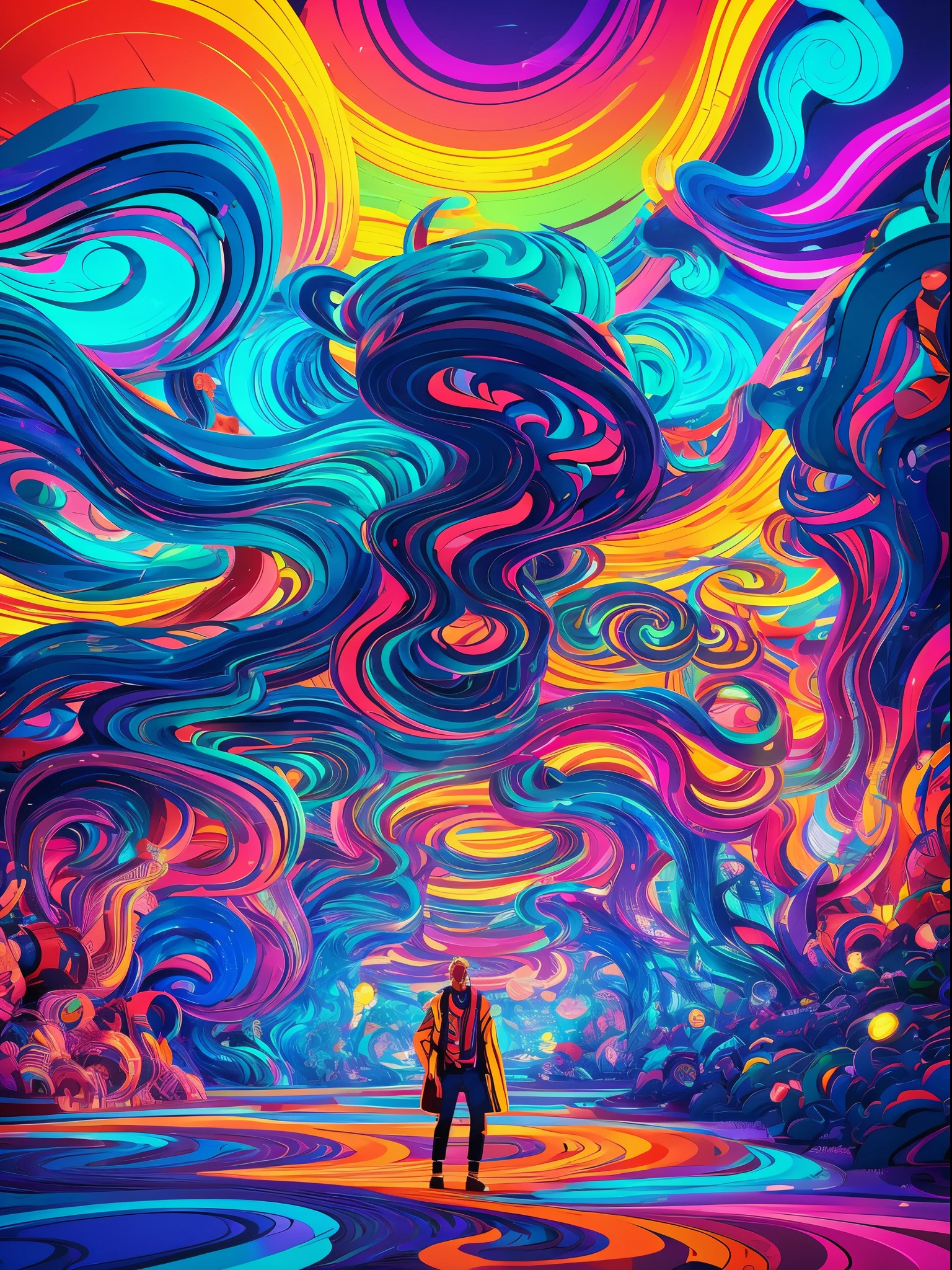 Brightly colored anime man with headphones in a psychedelic room, Ilustraciones de psytrance, psytrance, psychedelic art style, Psychedelic color theme, psychedelic style, Psychedelic effects, Jen Bartel, Beeple y Jeremiah Ketner, Ilustraciones de muy alta calidad, Arte synthwave, Extremely psychedelic experience, Estilo de arte synthwave, style hybrid mix of beeple, Estilo de arte synthwave ]!!, (((Obra maestra))), (intrincado)