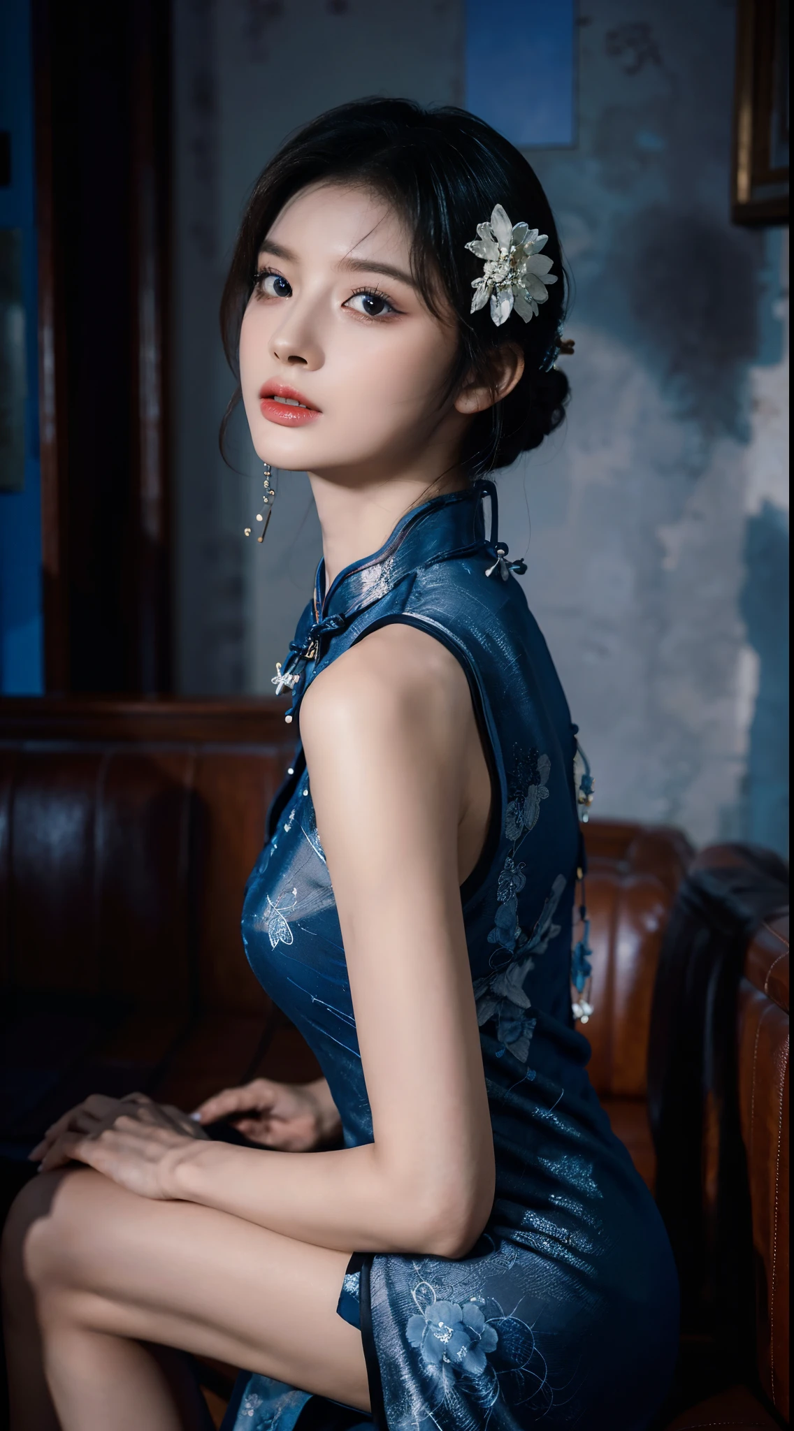 primitive，tmasterpiece，ultra fine photos，Best quality，超高分辨率，Photo Reality，rays of sunshine，full-body portraits，Amazingly beautiful，，dynamicposes，delicated face，vibrant eyes，（seen from the side），((Exquisite_blue colors_On the cheongsam))，On the cheongsam，cropped shoulders，Exquisite head flower，sitting on a leather sofa，very highly detailed background，Detailed faces，Detailed and complex busy background，untidy，Rich cleavage，Milky white W，highlydetailed skin，Authentic skin details，Visible Pore，lock focus，volume fog，8k ultra high definition，digital SLR camera，high high quality，filmgrain，Fair skin，photo-realism，DL，A metropolis in a dystopia of the future , Look from the bottom up, semi transparent