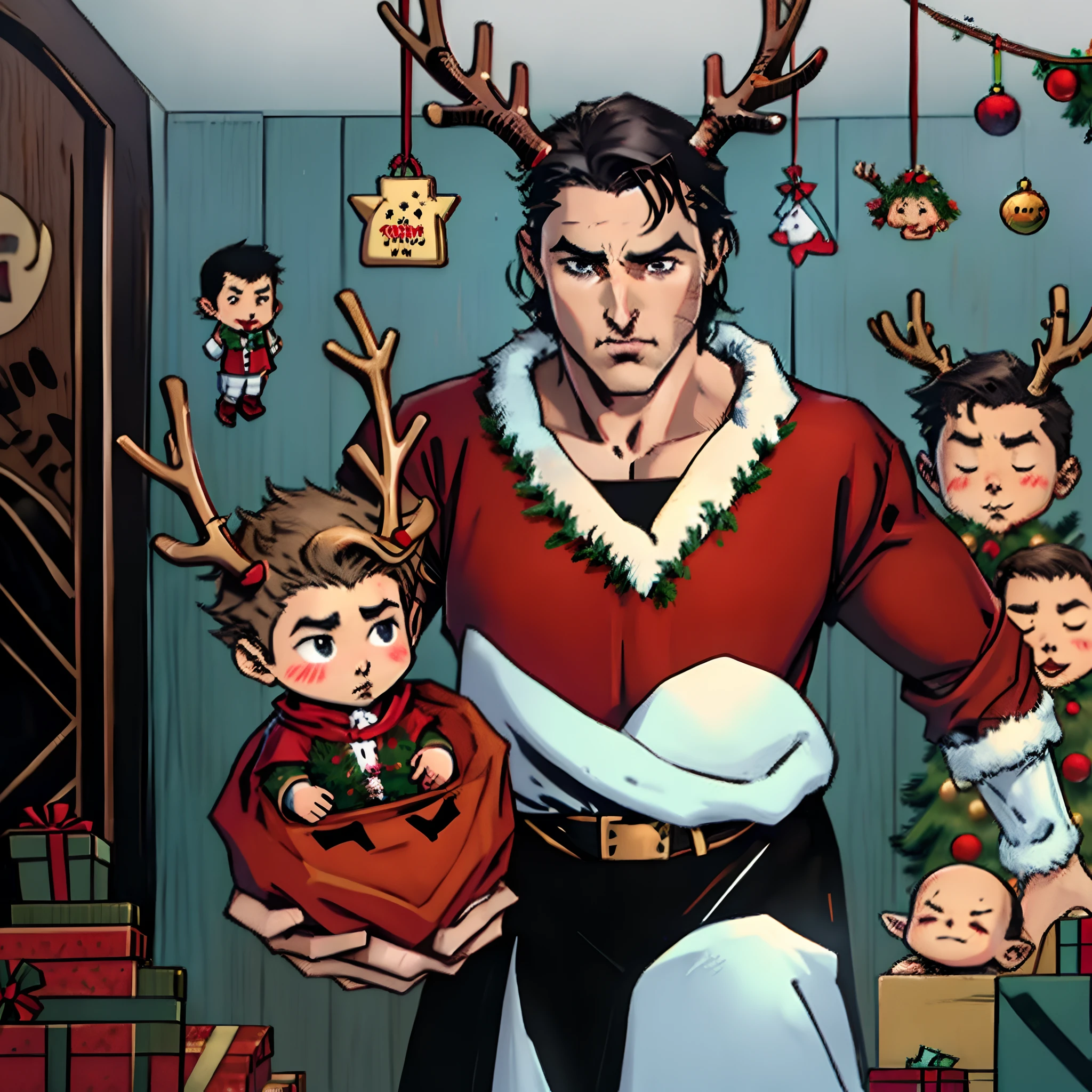 Naruto como Papai Noel, extremamente realista, feliz, entregando presentes, com casaco vermelho, gorro vermelho, noite de natal