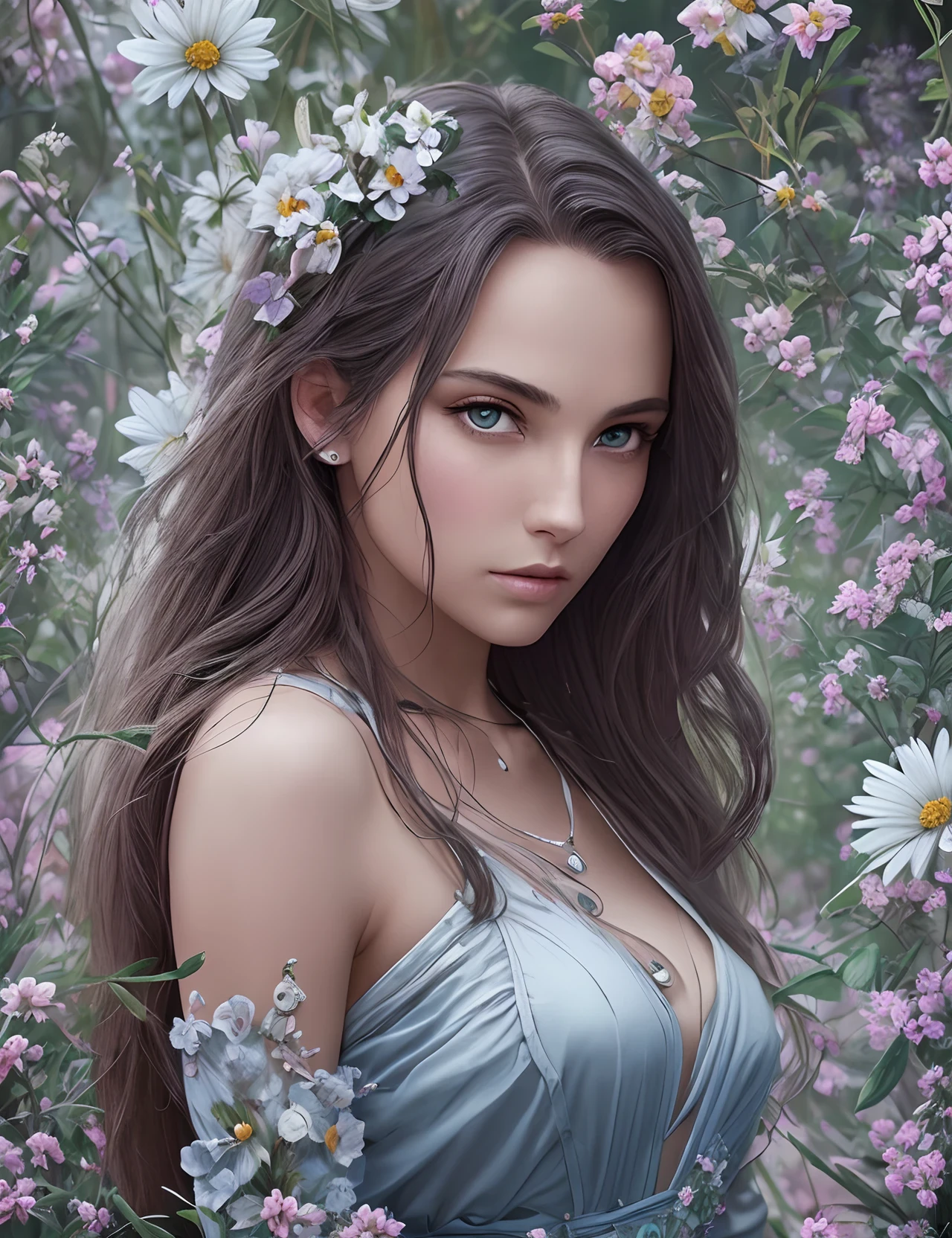 a woman with long hair wearing a white dress and a flower crown, beautiful fantasy art portrait, beautiful maiden, detailed matte fantasy portrait, beautiful fantasy portrait, fantasy art portrait, digital fantasy portrait, fantasy portrait art, gorgeous digital painting, beautiful fantasy maiden, beautiful digital artwork, fantasy portrait, beautiful digital painting, digital art fantasy art, beautiful digital illustration