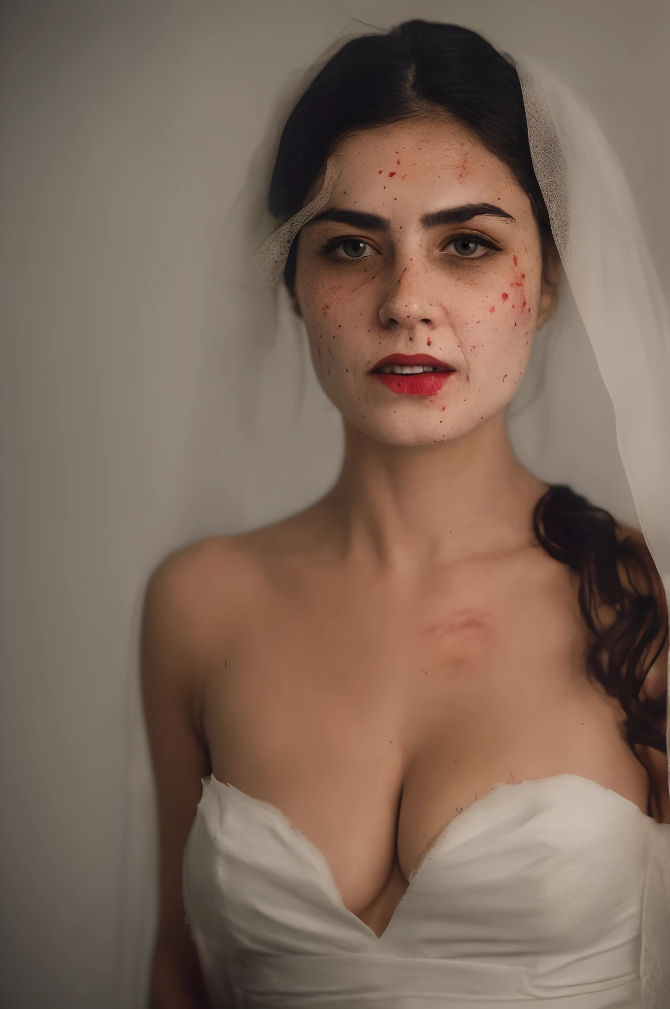 Busty, bloody ghost in a torn, bloody wedding dress exposing some skin. Looking at viewer with completely black eyes. Holding a knife to her throat and smiling in a murderous mannner. Realistic and terrfying. Foggy