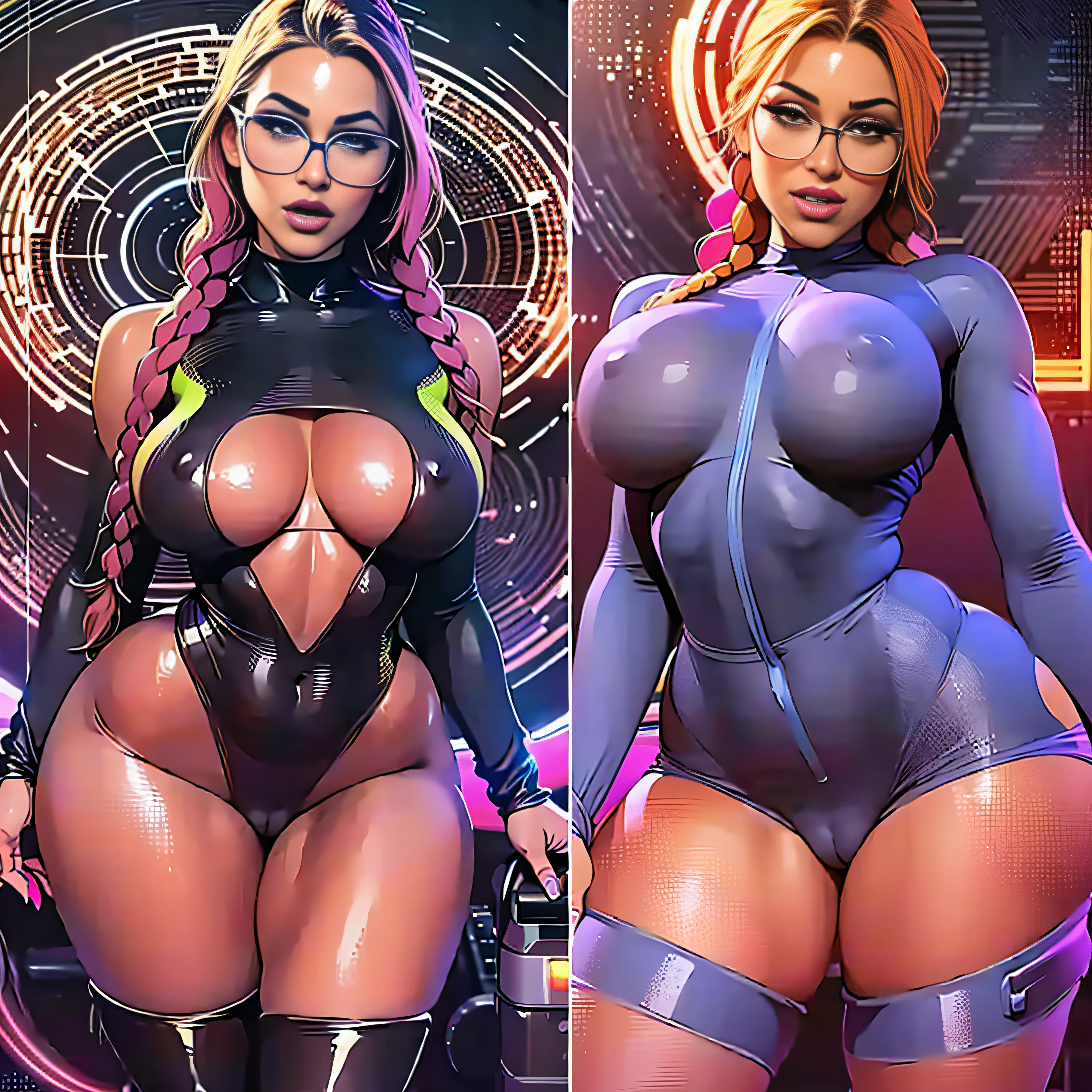 ((best quality)), ((masterpiece)), ((realistic)), (detailed), reflective luminous orange:1.5, texture glossy orange:1.3, 
1beautiful young woman with sticky jumpsuit (cameltoe), sexy cotton romper, sexy, top to bottom photo, 
lots of glow neon LIGHT TRAILS, exotic glowing mandalas, cinematic, sharp, ray tracing, brightness, 
luminosity, big sexy saggy breasts, sexy thighs, sexy legs, sexy hips. great hips, toned body, delicious looking body, 
wearing round dark sun glasses, bright purple lipstick on her thick lips, body suit has shorts that ride up to crotch and halfway up butt crack, 
ass cheeks hang out seductively from shorts, sexy thick thighs, wearing sport shoes, long braided hair, 
thick braids, full body view, body suit fits tight on body,