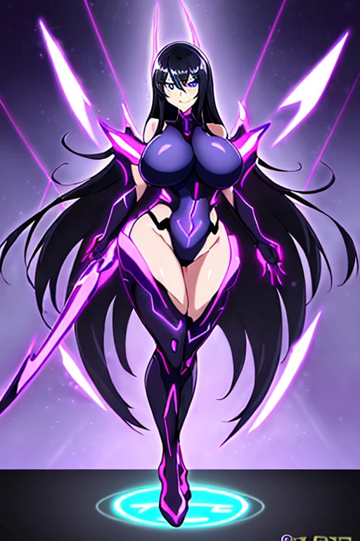 1girl, black hair, large breasts, breasts, blue eyes, bodysuit, black bodysuit, long hair, light smile, happy, science-fiction, tech, futuristic, thighhighs, purple clothes, machinery, neon trim, anime style, 2d, anime screencap, purple neon trim, standing on one leg, full body, (full body)