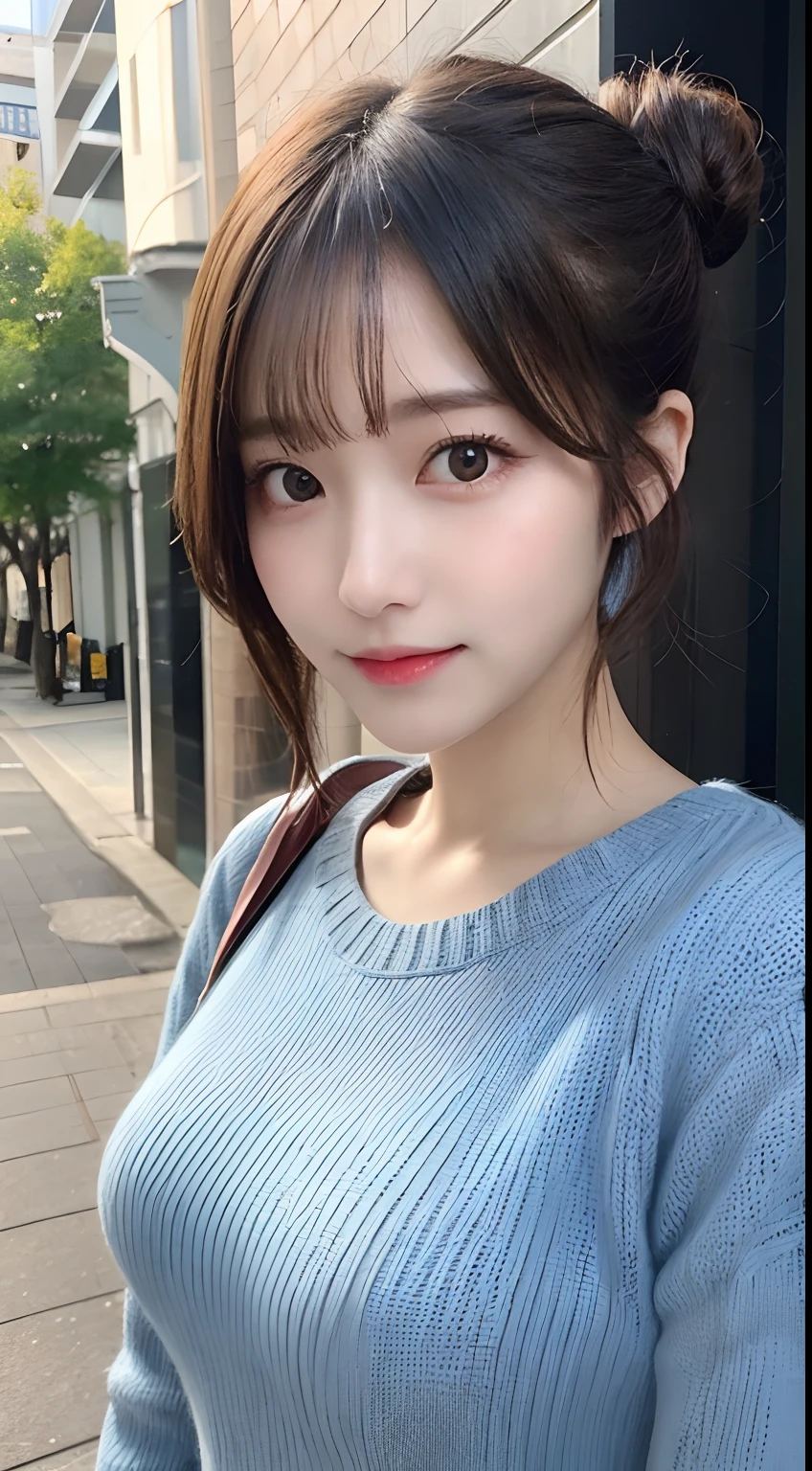 masutepiece, Best Quality, Illustration, Ultra-detailed, finely detail, hight resolution, 8K Wallpaper, Perfect dynamic composition, Beautiful detailed eyes, Grayish blue long sleeve knit dress,Short bun hair,small tits、Natural Color Lip, Randomly sexy poses,Smile,Aoyama Street、20 years girl、Cute、Look at viewers、Slender body type,Slender face,Anatomically correct condition、KPOP Idol Face,Perfect and beautiful face