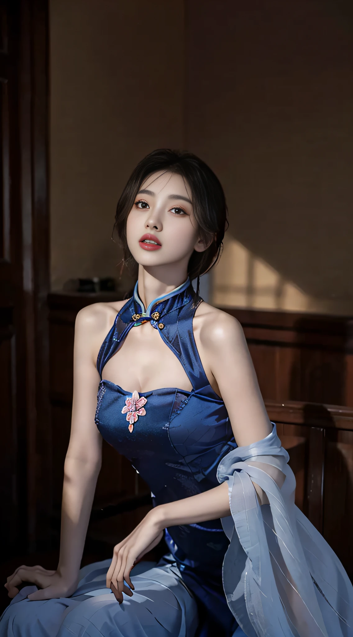 primitive，tmasterpiece，ultra fine photos，Best quality，超高分辨率，Photo Reality，rays of sunshine，full-body portraits，Amazingly beautiful，，dynamicposes，delicated face，vibrant eyes，（seen from the side），((Exquisite_blue colors_On the cheongsam))，On the cheongsam，cropped shoulders，Exquisite head flower，sitting on a leather sofa，very highly detailed background，Detailed faces，Detailed and complex busy background，untidy，Rich cleavage，Milky white W，highlydetailed skin，Authentic skin details，Visible Pore，lock focus，volume fog，8k ultra high definition，digital SLR camera，high high quality，filmgrain，Fair skin，photo-realism，DL，A metropolis in a dystopia of the future , Look from the bottom up, semi transparent